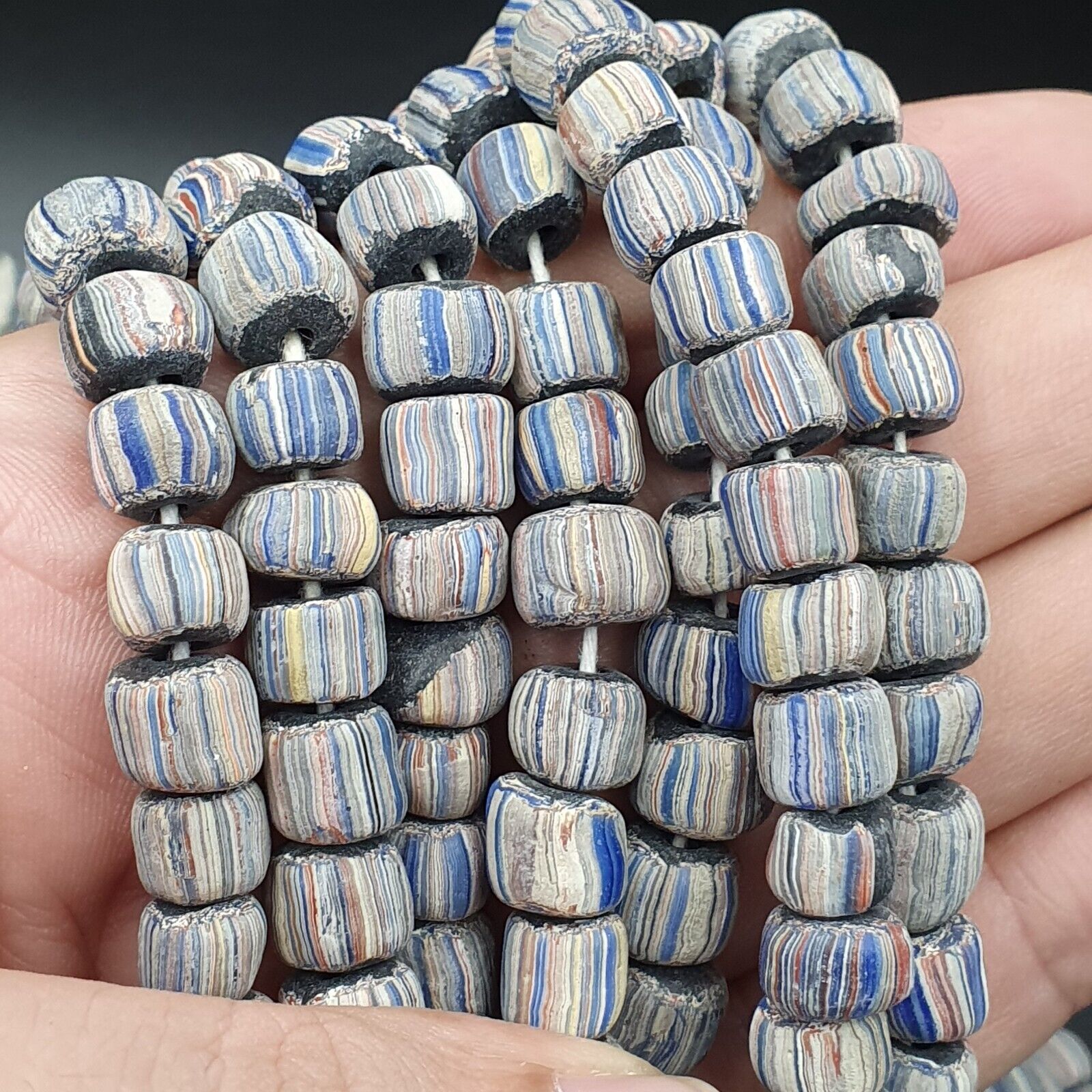 Lot 2 Vintage OLD AFRICAN GLASS  Stripes BEADS 8-10MM beads Strand