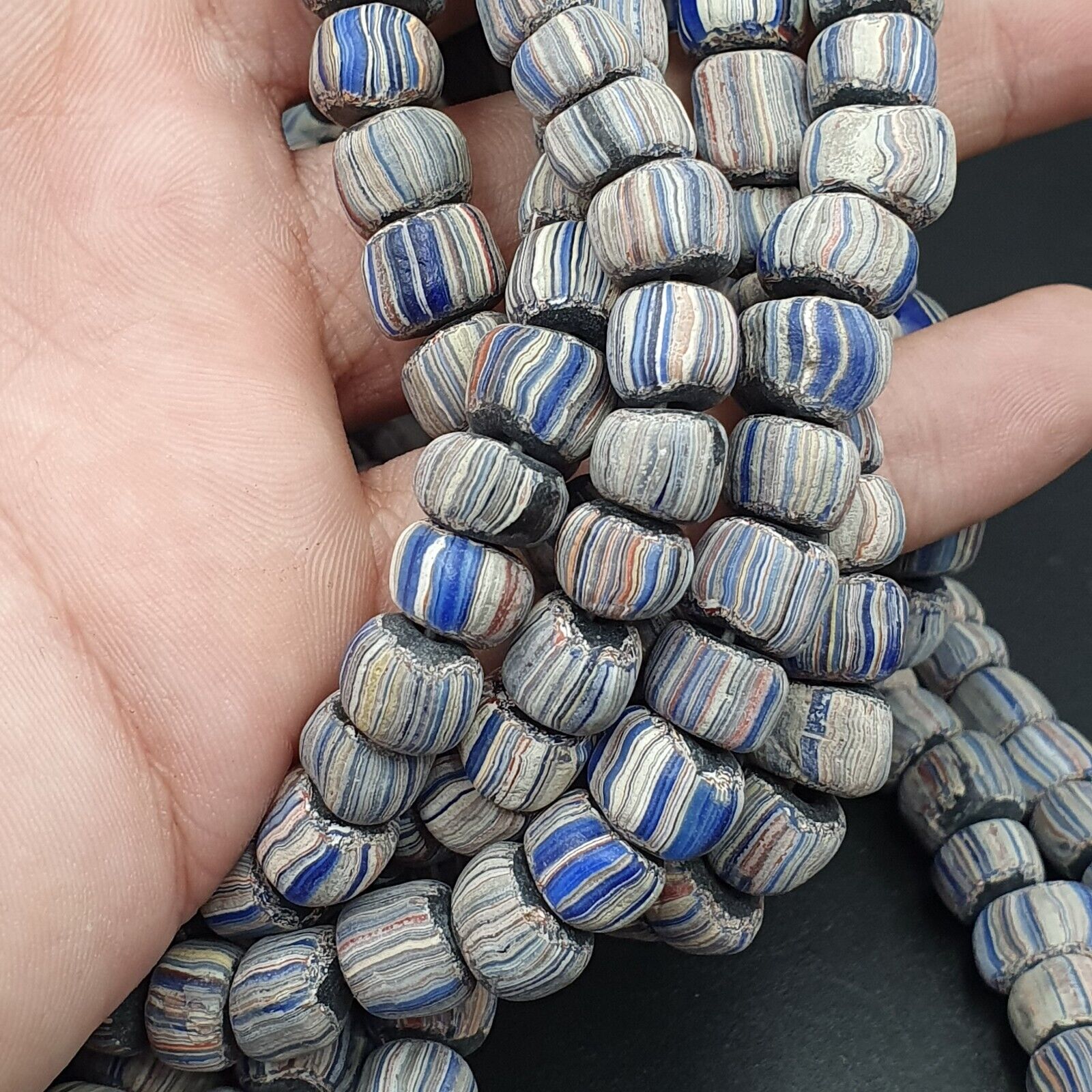 Lot 2 Vintage OLD AFRICAN GLASS  Stripes BEADS 8-10MM beads Strand