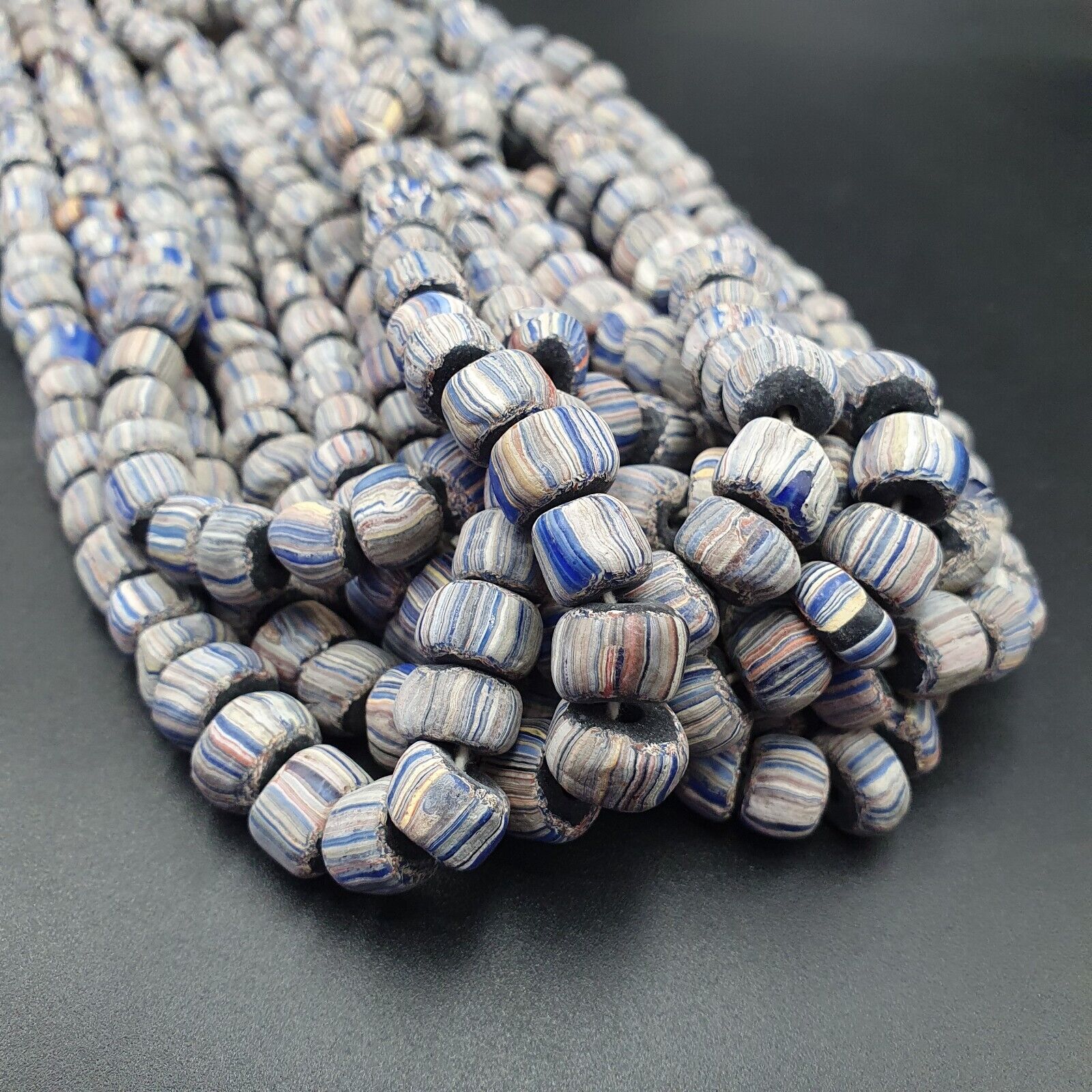 Lot 2 Vintage OLD AFRICAN GLASS  Stripes BEADS 8-10MM beads Strand