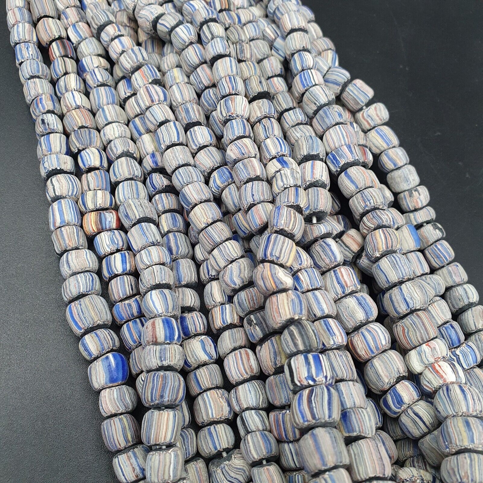 Lot 2 Vintage OLD AFRICAN GLASS  Stripes BEADS 8-10MM beads Strand