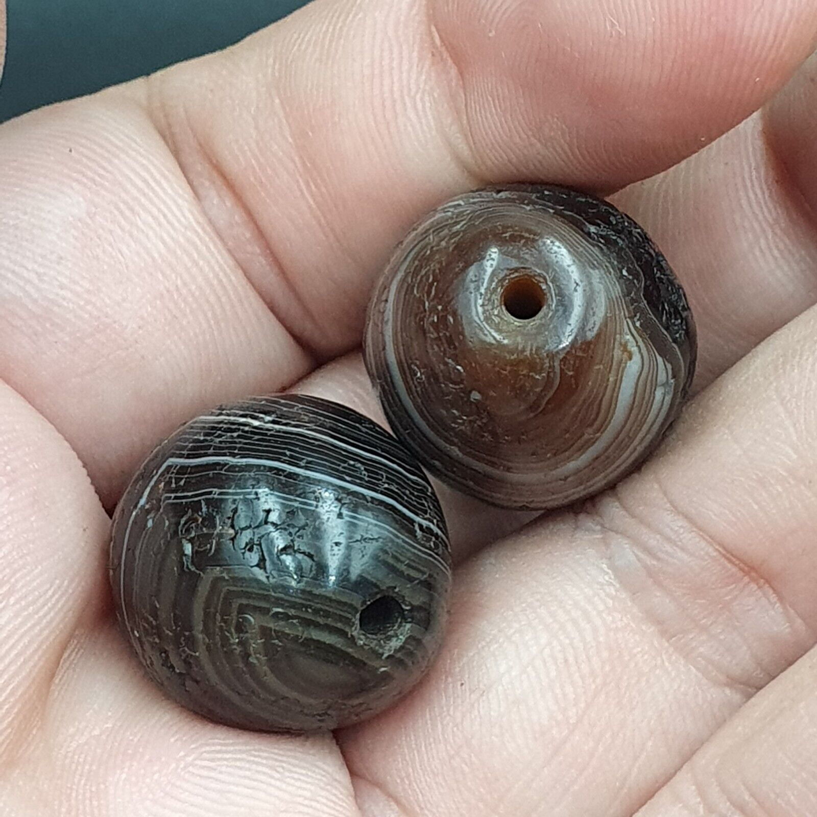 Lot 2 Antique Agate Suleimani Bead Pure Patterns Amulet Religious Antiquities