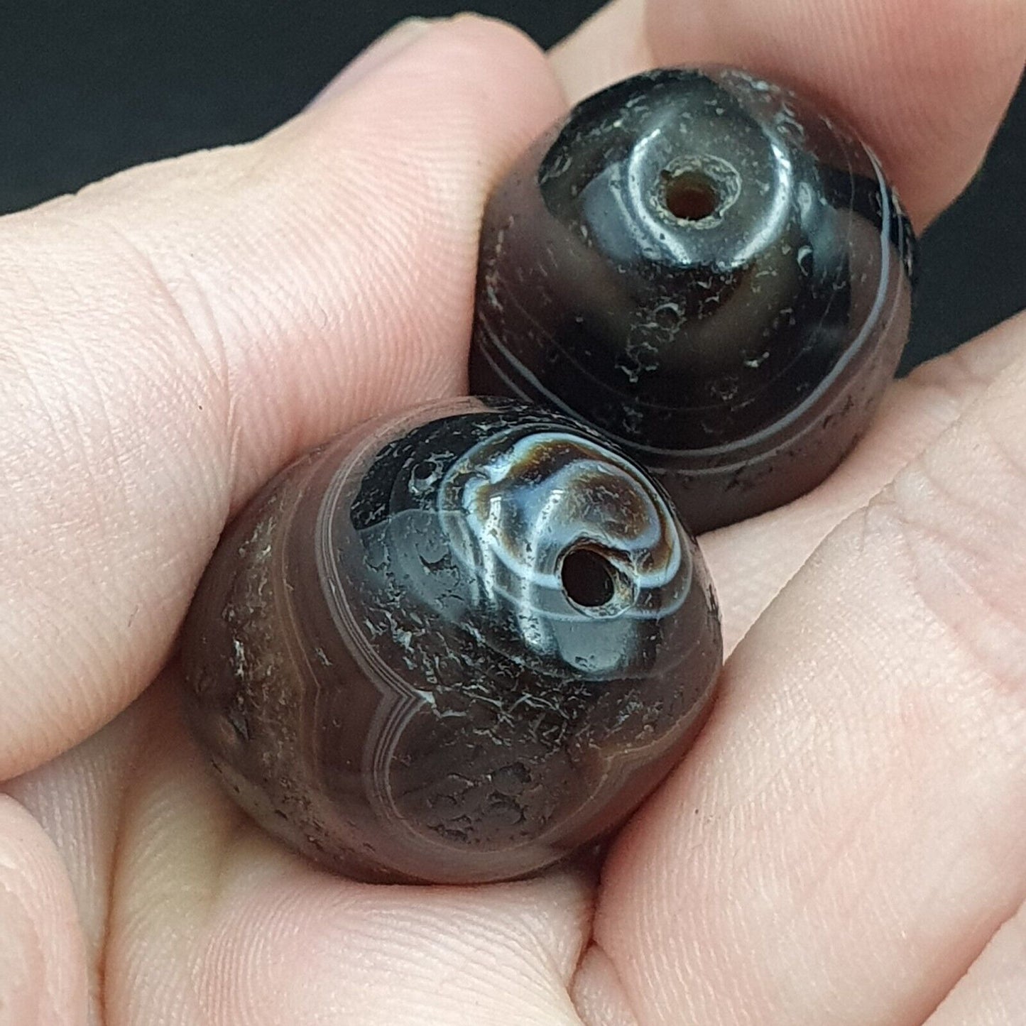 2Ancient Antique Achat Suleimani Bead Pure Patterns Amulett Religiöse Antiquitäten