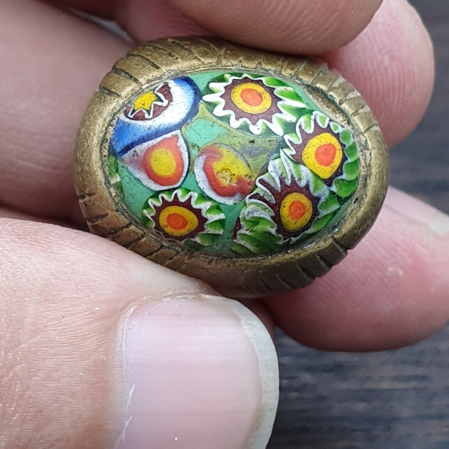 古董老式舊 GABRI 馬賽克玻璃，帶美麗圖案黃銅戒指