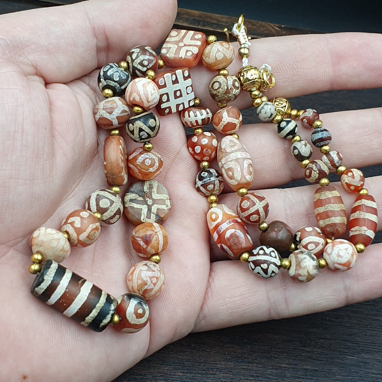 Antique HIMALAYAN Indo Tibetan Central Asian Etched Agate beads Necklace 1ED-A-