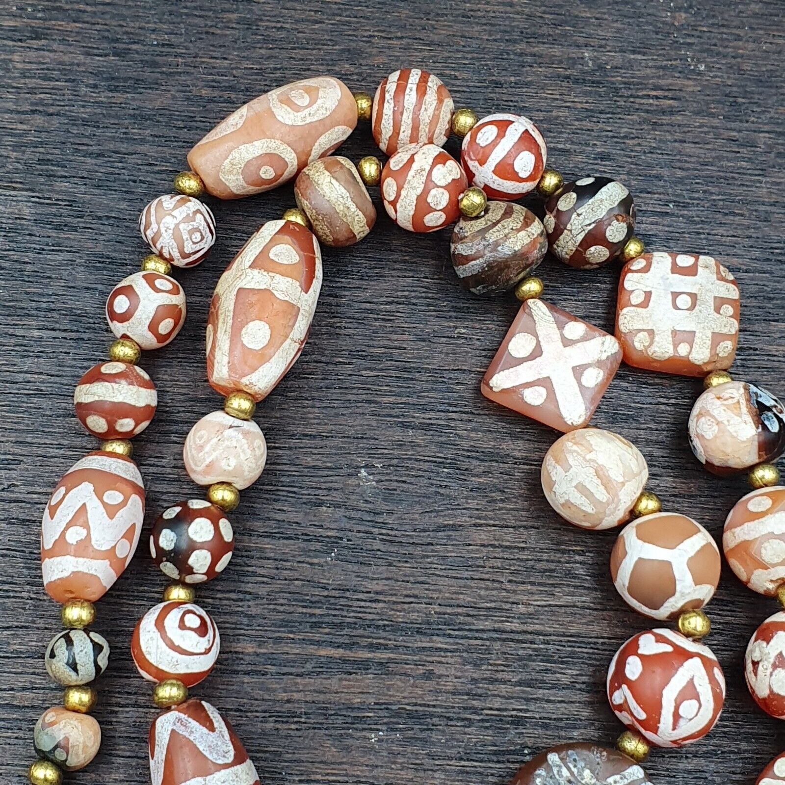 Antique HIMALAYAN Indo Tibetan Central Asian Etched Agate beads Necklace 5ED-A-