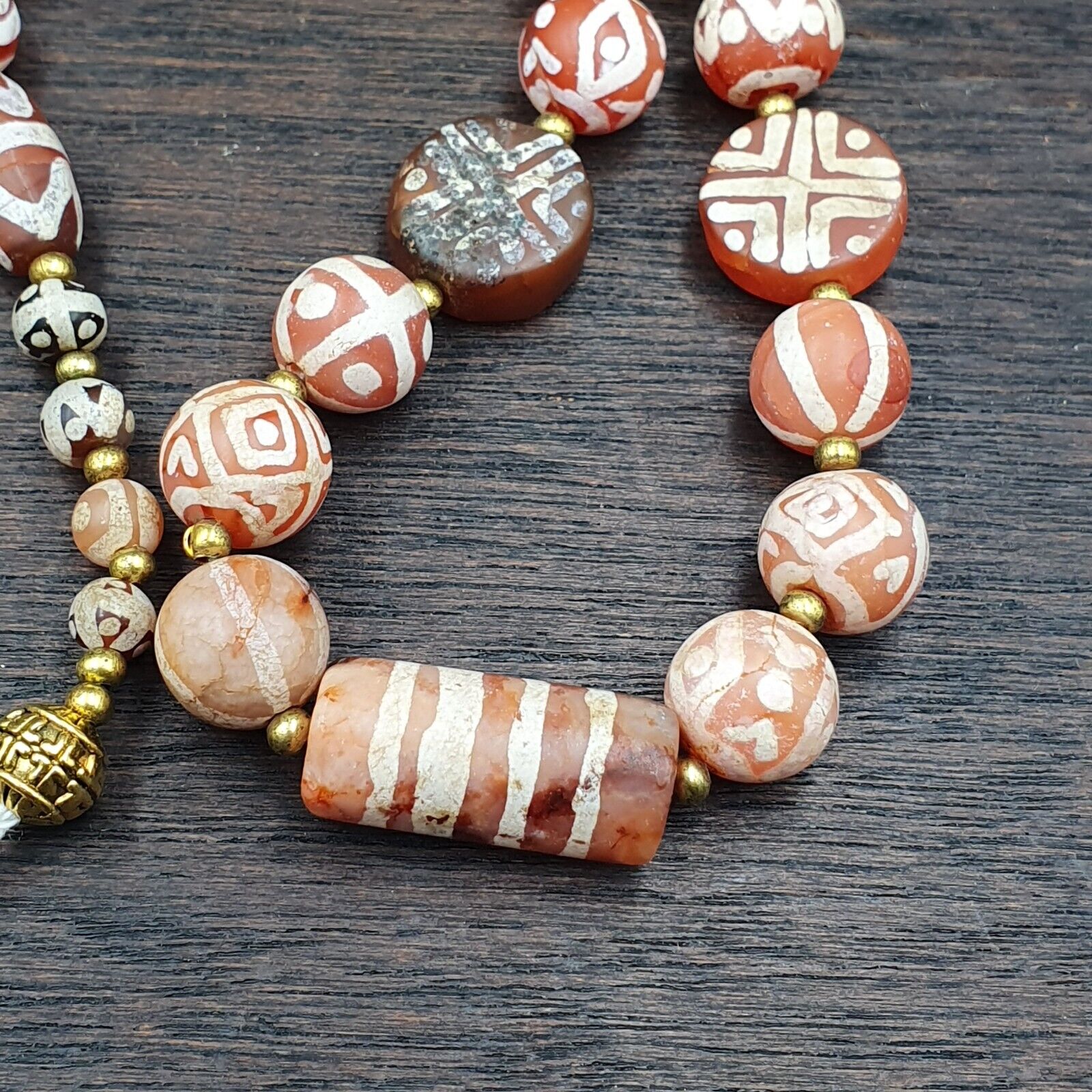 Antique HIMALAYAN Indo Tibetan Central Asian Etched Agate beads Necklace 5ED-A-