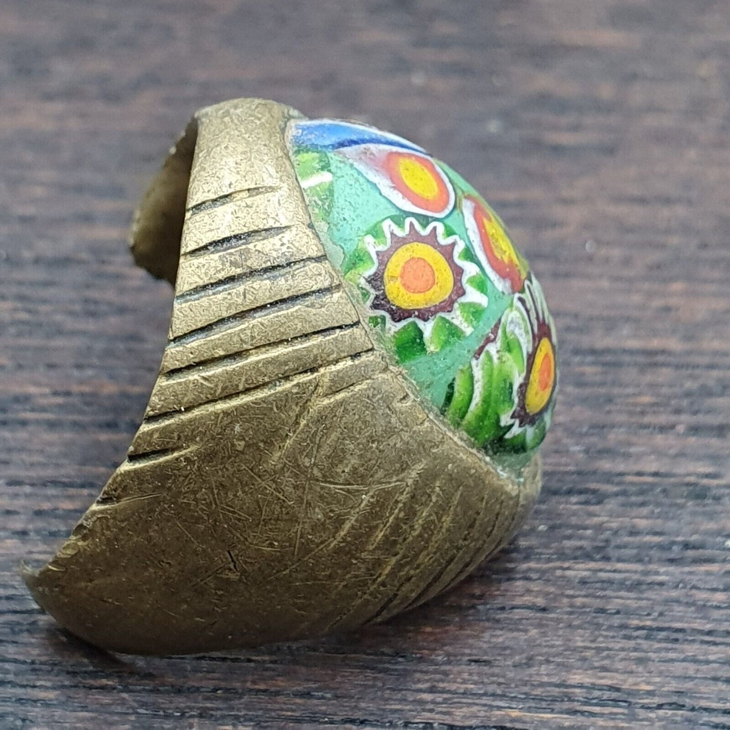 古董老式舊 GABRI 馬賽克玻璃，帶美麗圖案黃銅戒指