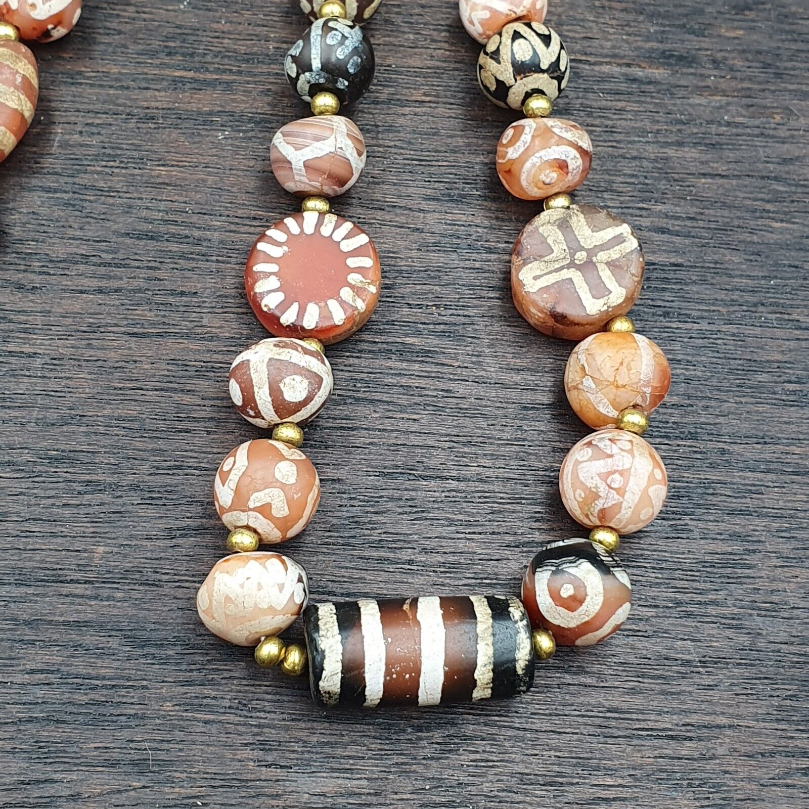 Antique HIMALAYAN Indo Tibetan Central Asian Etched Agate beads Necklace 1ED-A-