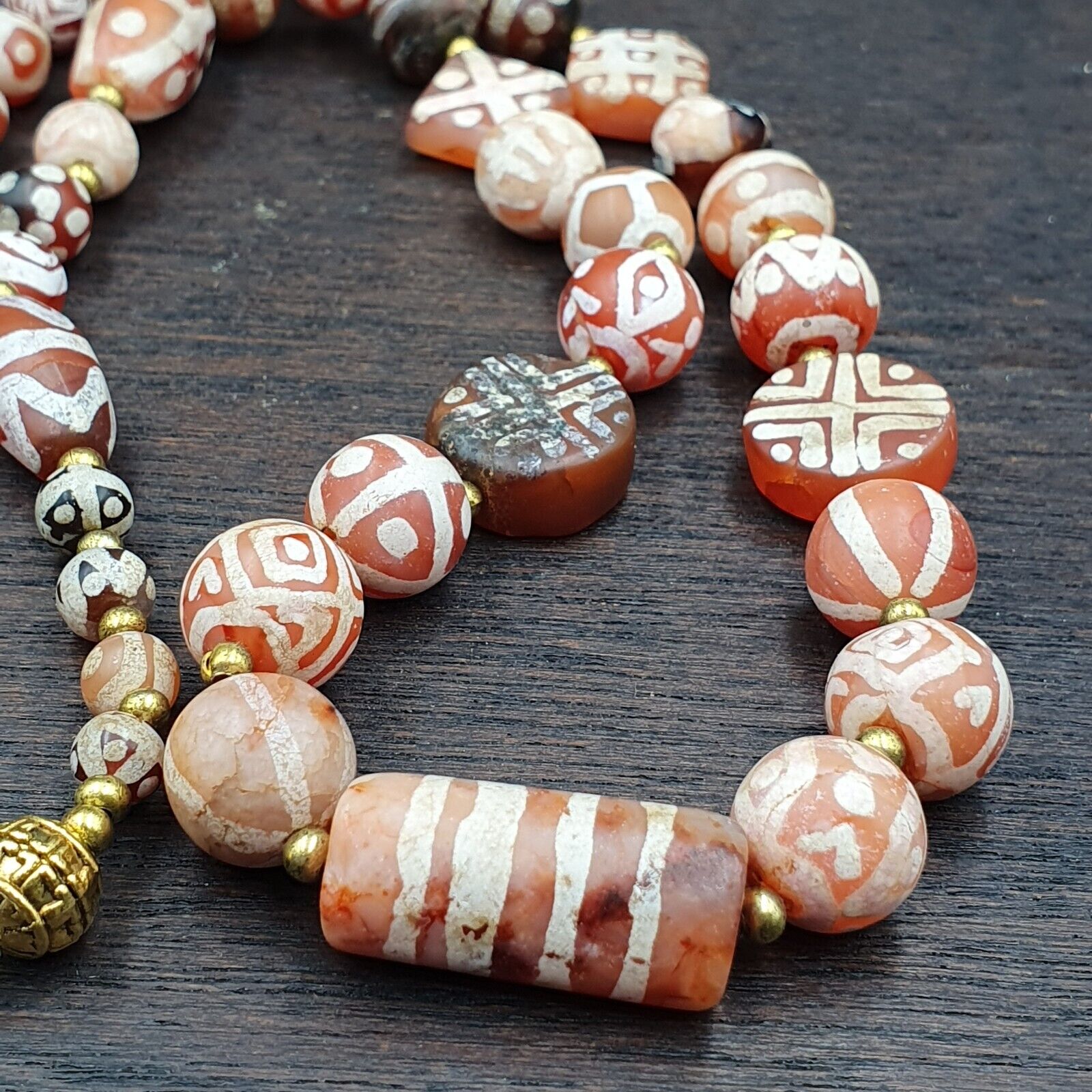 Antique HIMALAYAN Indo Tibetan Central Asian Etched Agate beads Necklace 5ED-A-