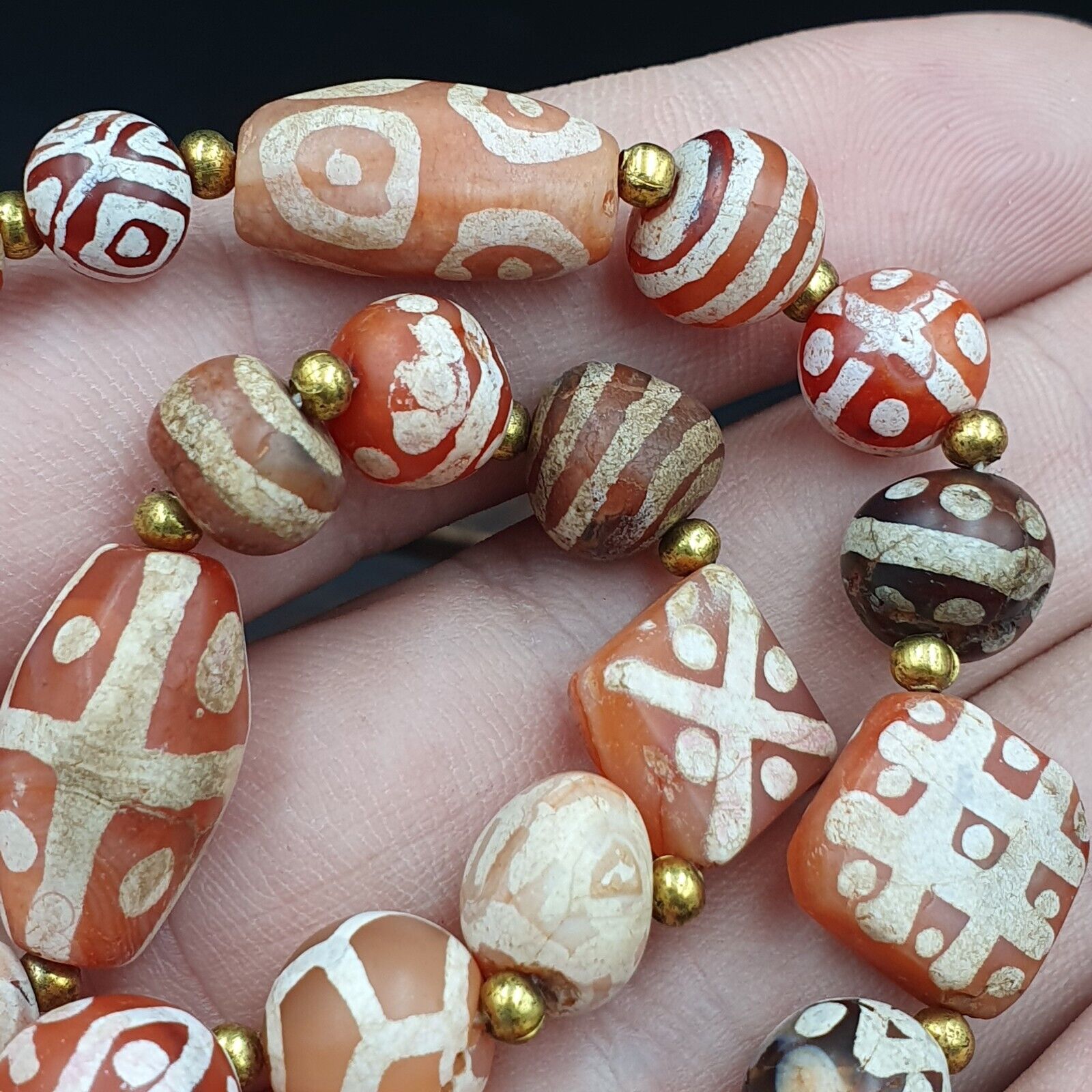 Antique HIMALAYAN Indo Tibetan Central Asian Etched Agate beads Necklace 5ED-A-