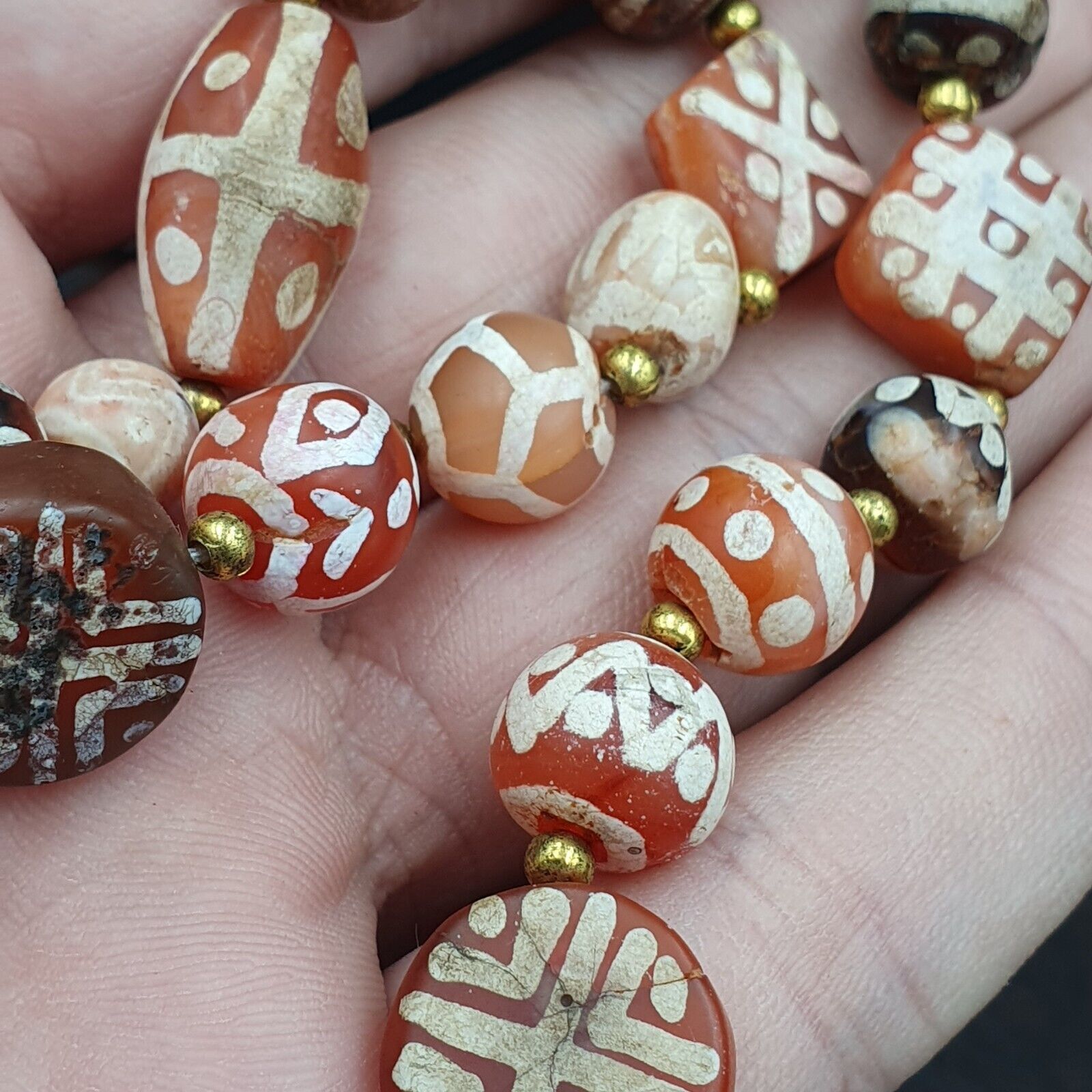 Antique HIMALAYAN Indo Tibetan Central Asian Etched Agate beads Necklace 5ED-A-