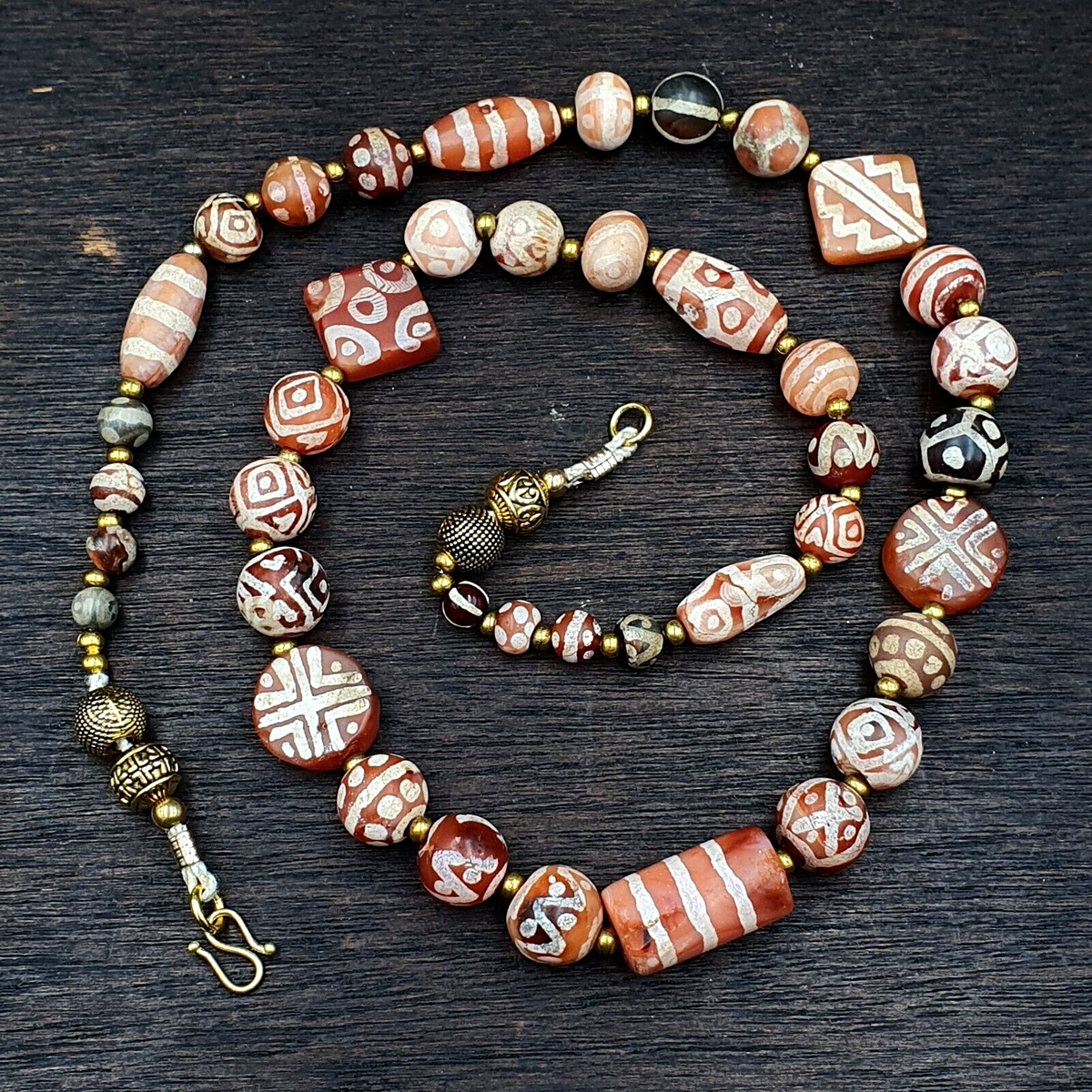 Antique HIMALAYAN Indo Tibetan Central Asian Etched Agate beads Necklace 3ED-A-