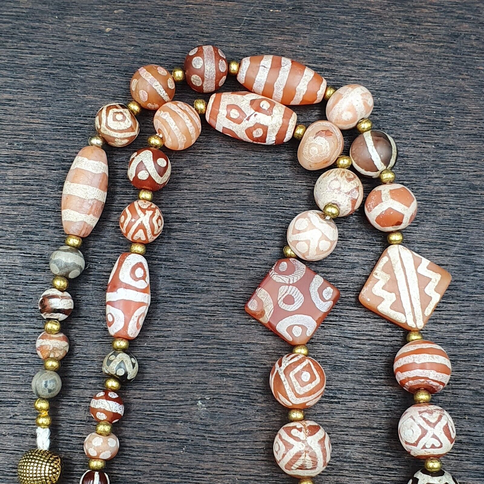 Antique HIMALAYAN Indo Tibetan Central Asian Etched Agate beads Necklace 3ED-A-
