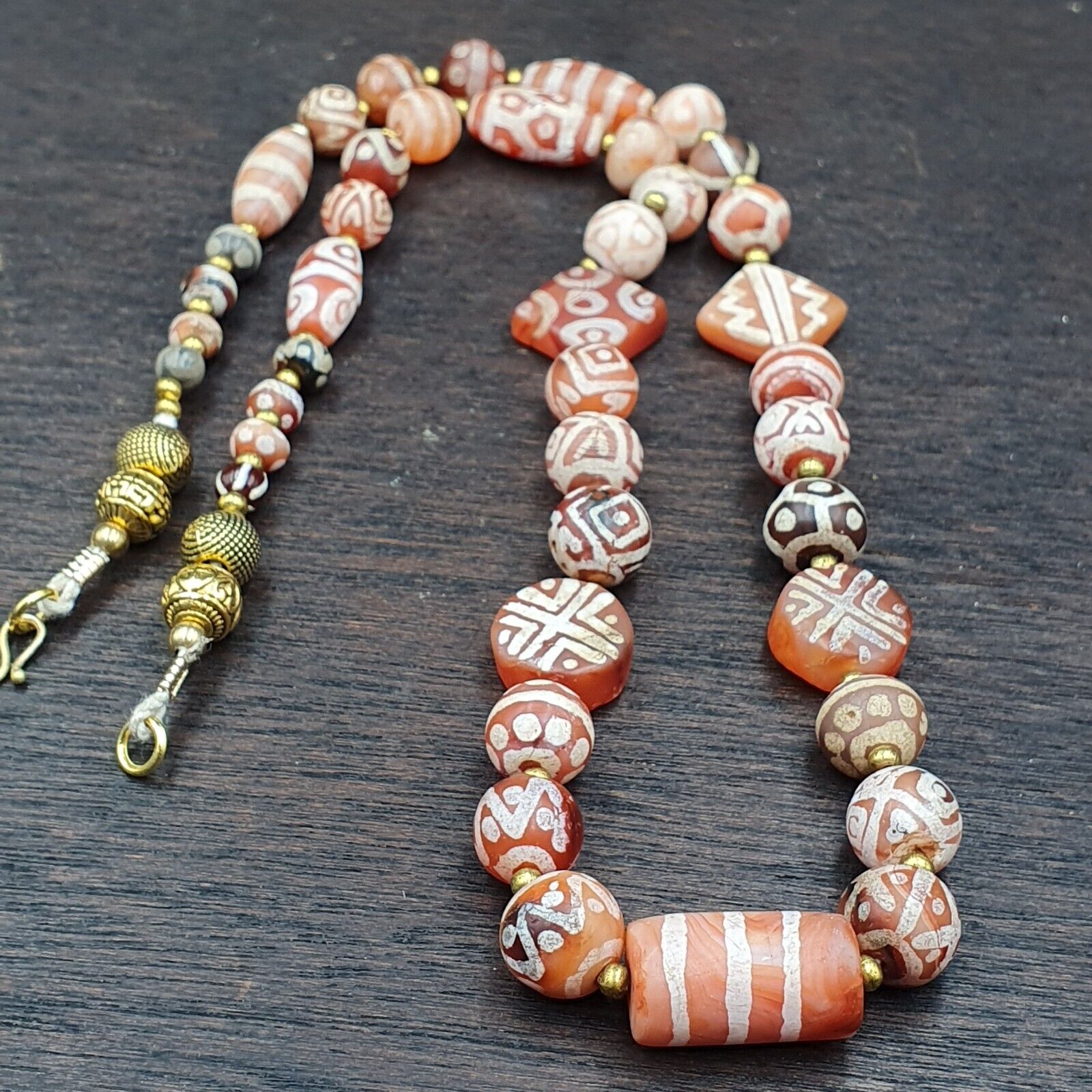 Antique HIMALAYAN Indo Tibetan Central Asian Etched Agate beads Necklace 3ED-A-