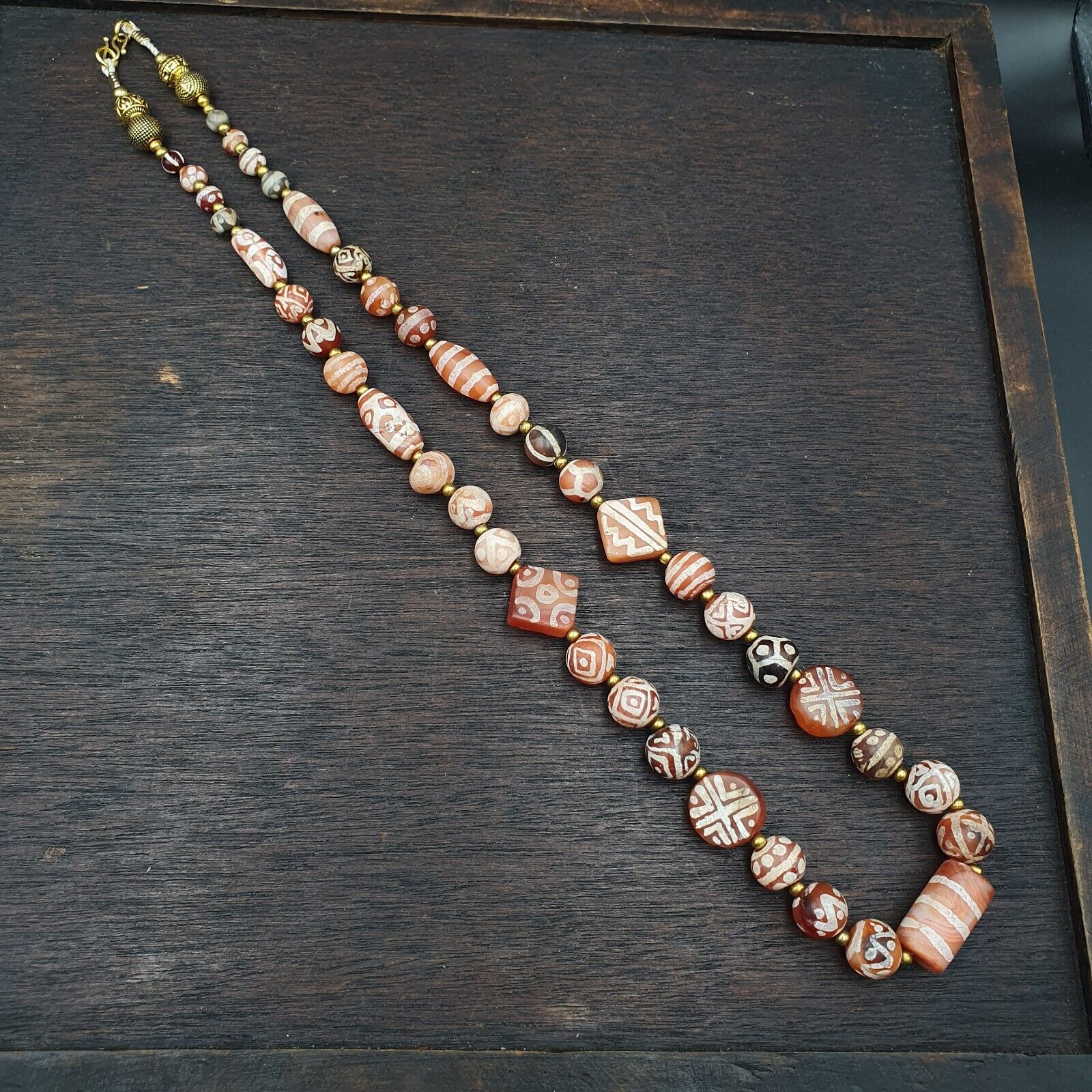 Antique HIMALAYAN Indo Tibetan Central Asian Etched Agate beads Necklace 3ED-A-