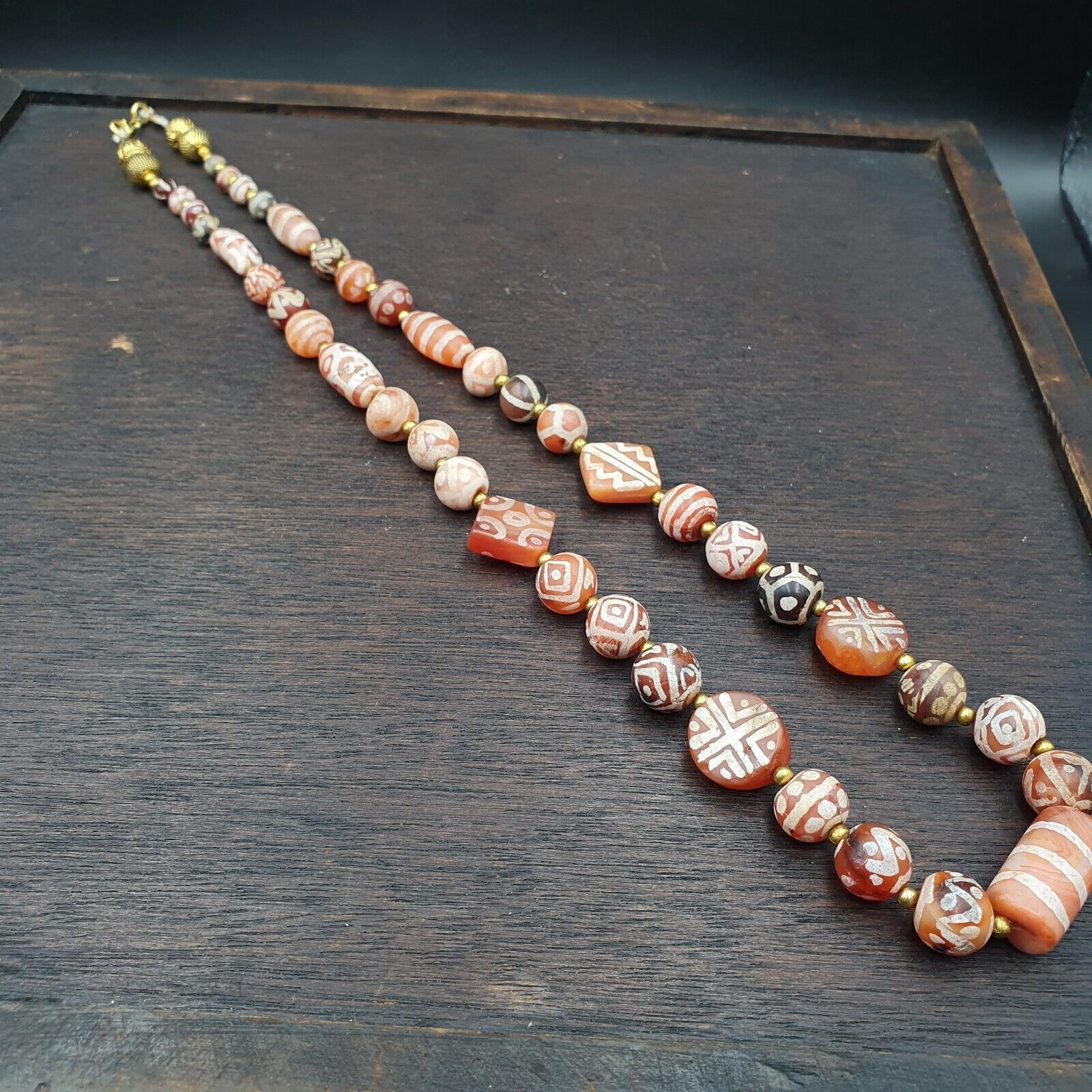 Antique HIMALAYAN Indo Tibetan Central Asian Etched Agate beads Necklace 3ED-A-