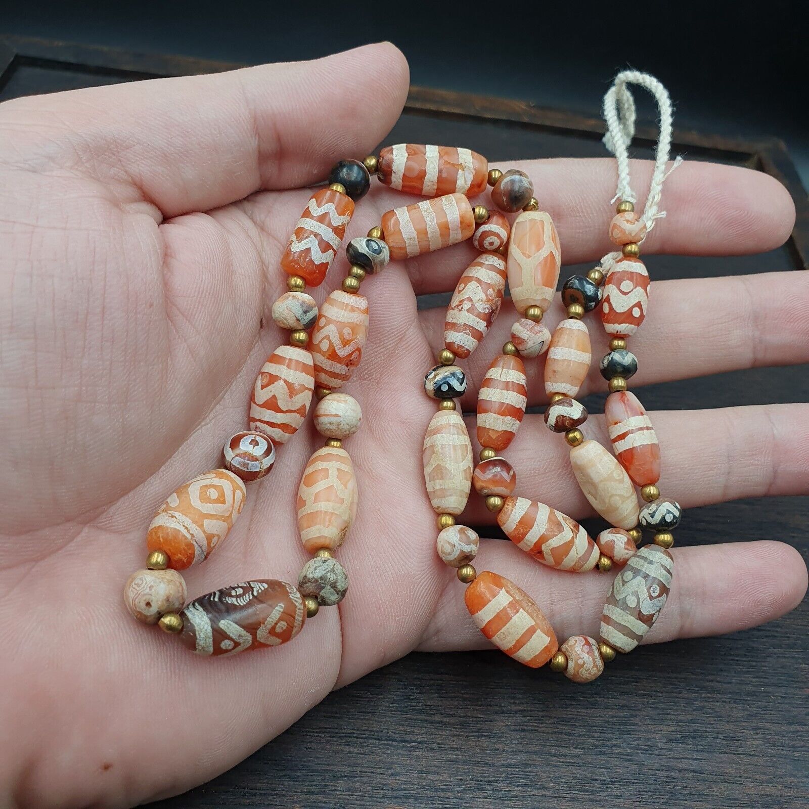 Antique HIMALAYAN Indo Tibetan Central Asian Etched Agate beads Necklace 2ED-A-