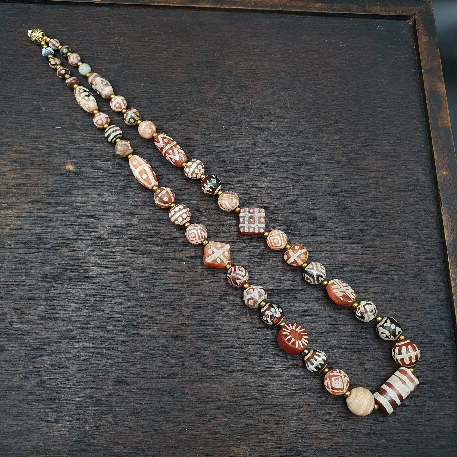 Antique HIMALAYAN Indo Tibetan Central Asian Etched Agate beads Necklace 4ED-A-