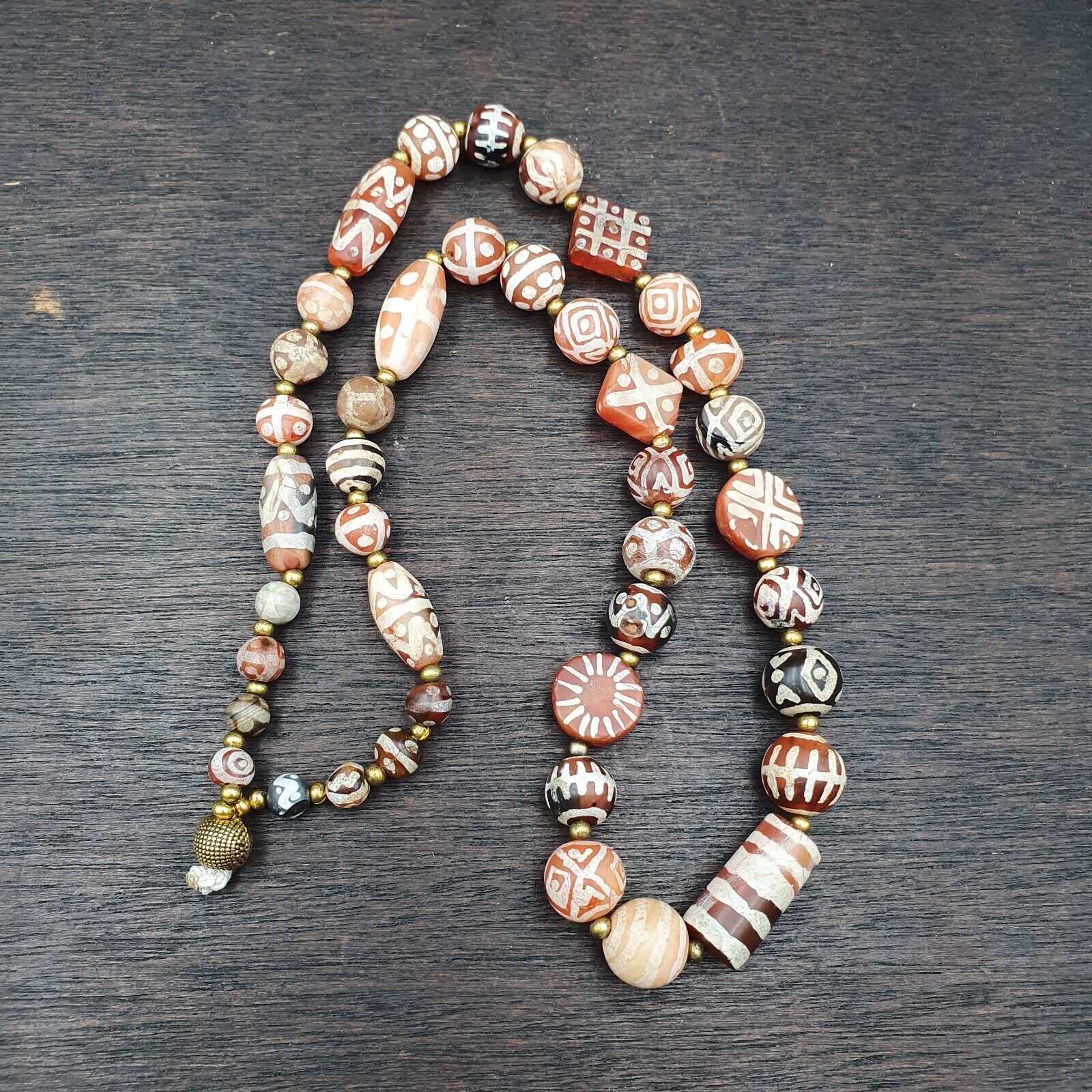 Antique HIMALAYAN Indo Tibetan Central Asian Etched Agate beads Necklace 4ED-A-