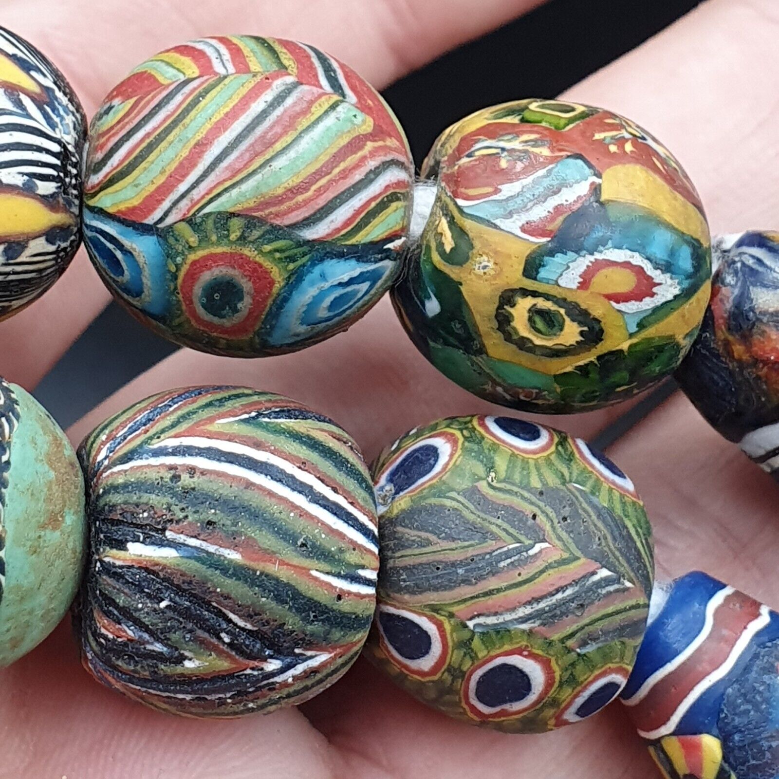 Lot 13 beads Antique Mosaic Glass Gabri Beads Necklace. 17-21mm