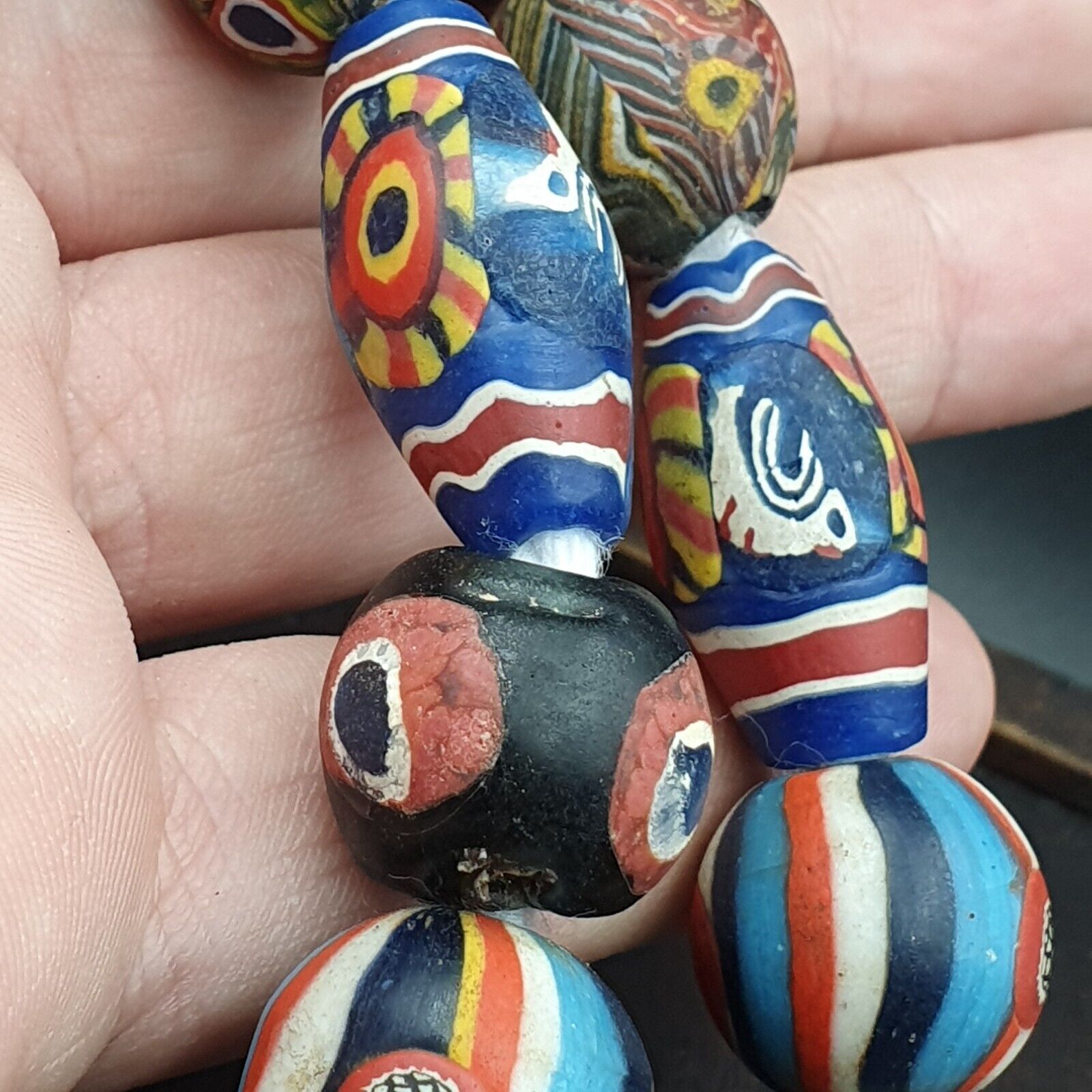 Lot 13 beads Antique Mosaic Glass Gabri Beads Necklace. 17-21mm