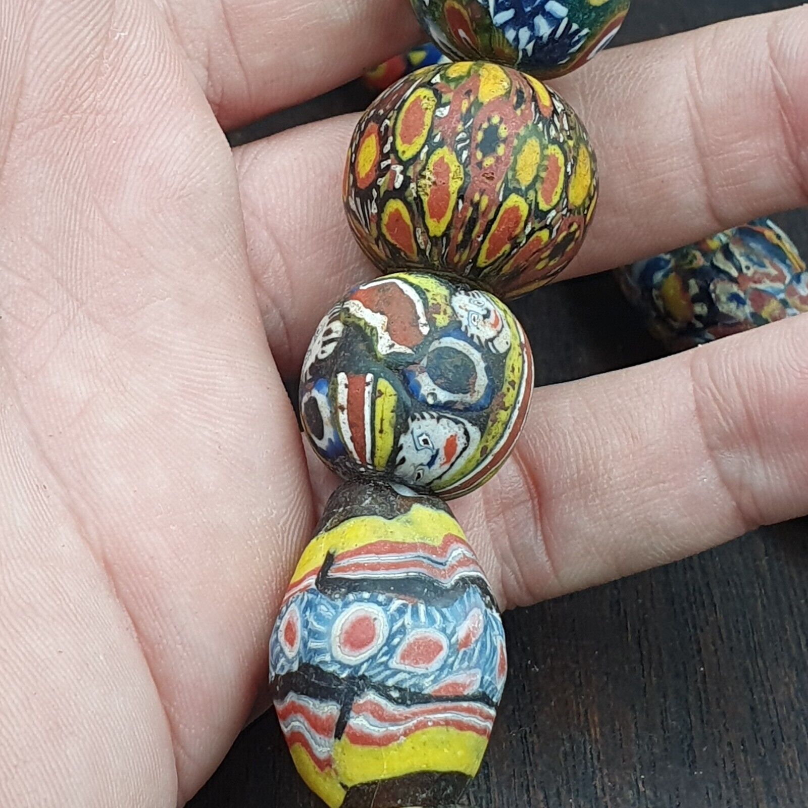 Lot 13 beads Antique Mosaic Glass Gabri Beads Necklace. 17-21mm