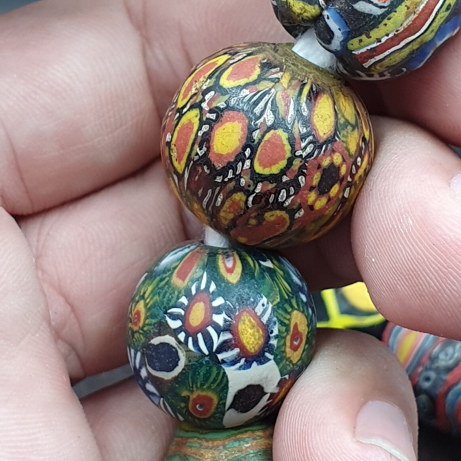 Lot 13 beads Antique Mosaic Glass Gabri Beads Necklace. 17-21mm