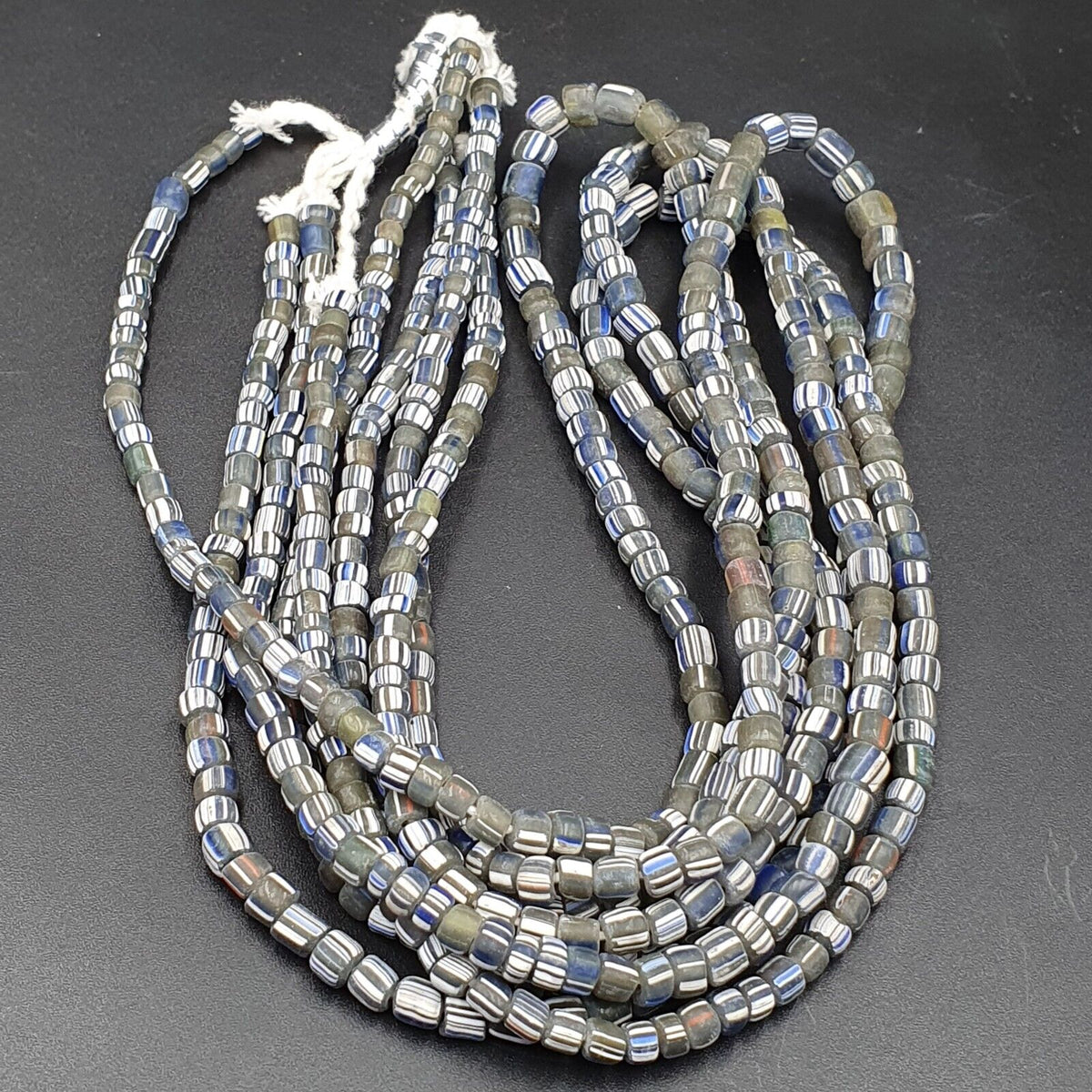 Lot 2 Strands OLD AFRICAN Gray Blue White Stripes GLASS BEADS Vintage Strands