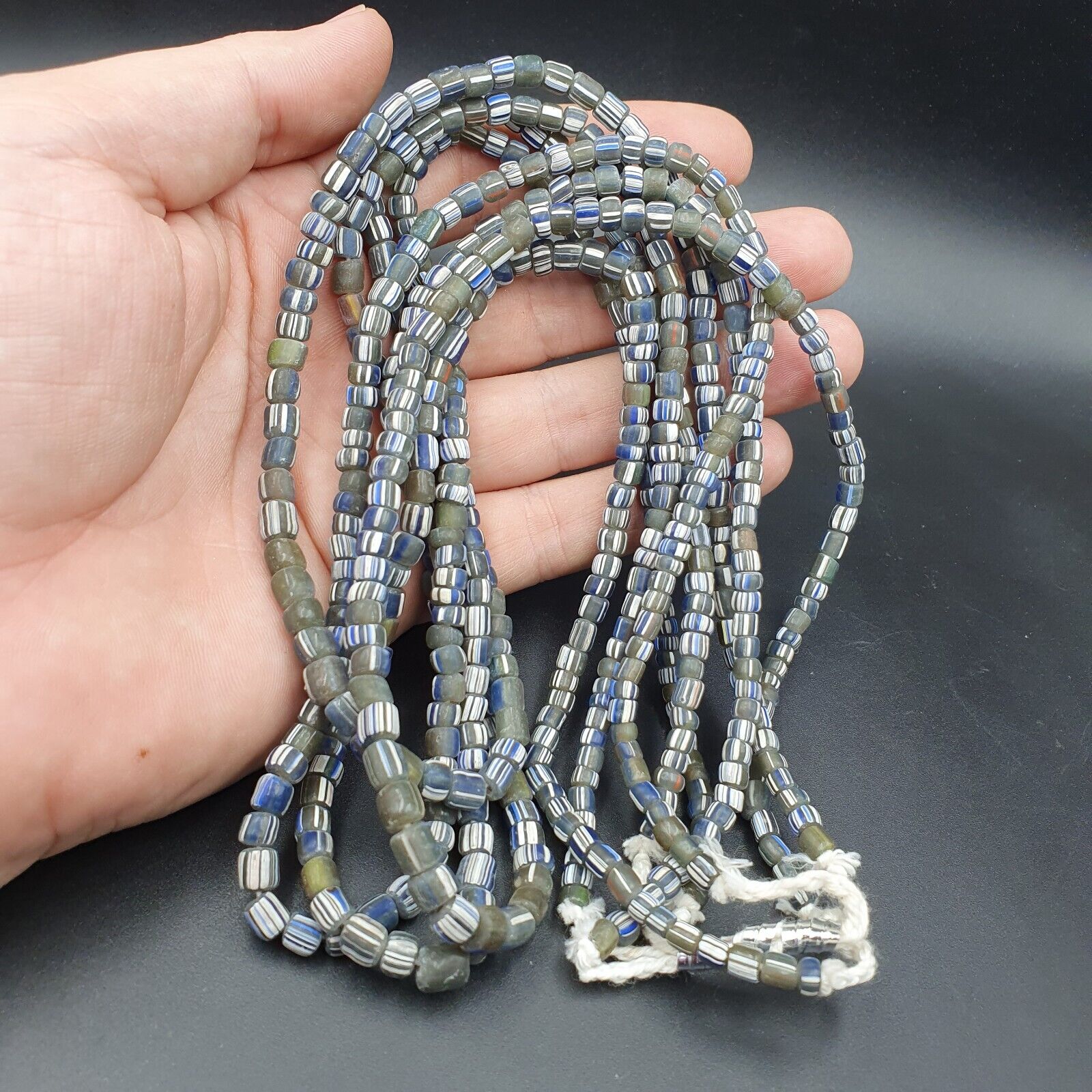 Lot 2 Strands OLD AFRICAN Gray Blue White Stripes GLASS BEADS Vintage Strands