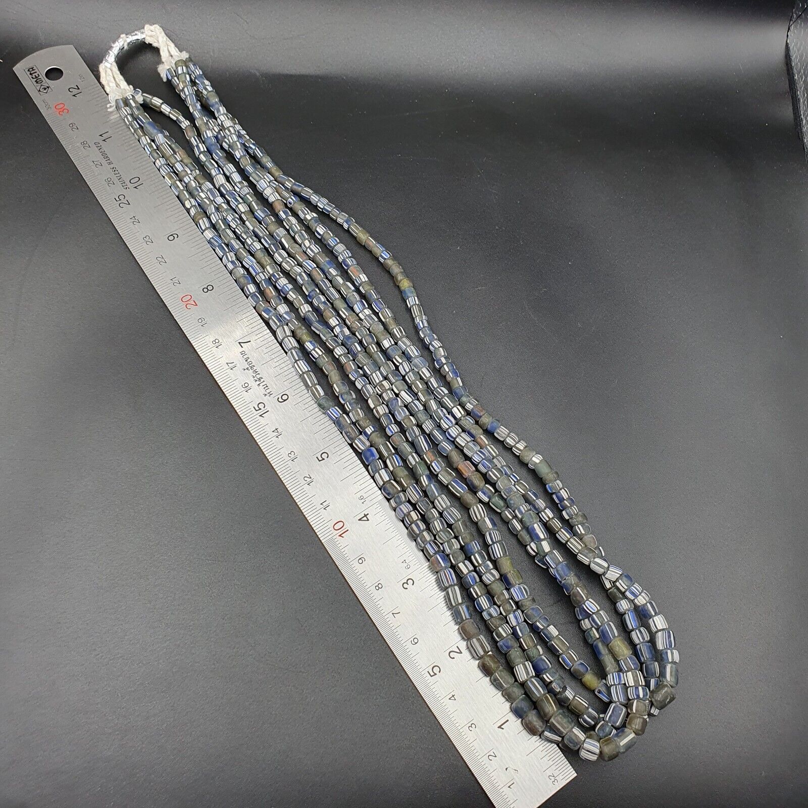 Lot 2 Strands OLD AFRICAN Gray Blue White Stripes GLASS BEADS Vintage Strands