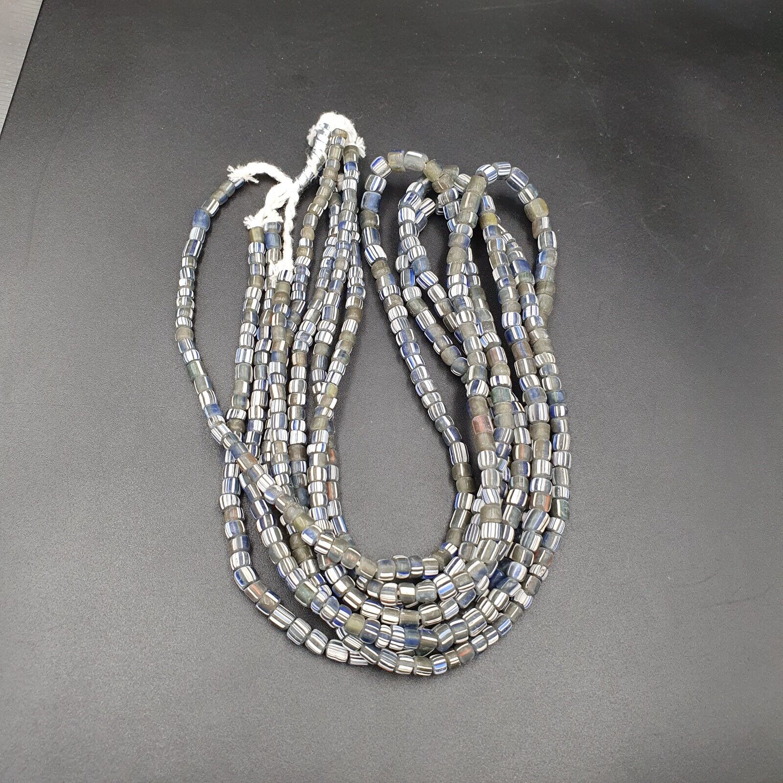 Lot 2 Strands OLD AFRICAN Gray Blue White Stripes GLASS BEADS Vintage Strands