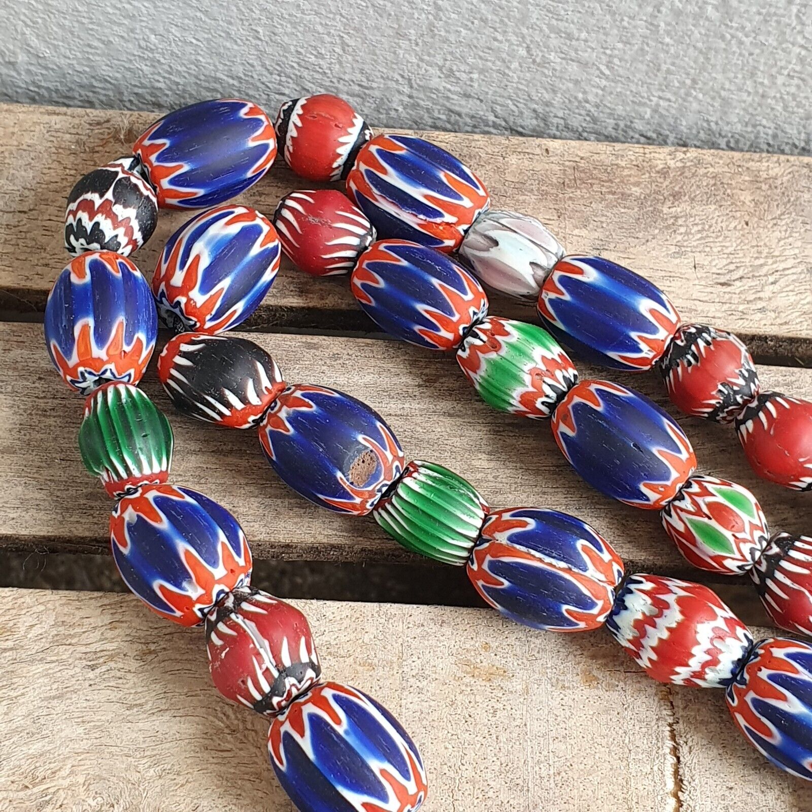 Antique Venetian inspired Trade Multi color Chevron Beads Long Strand