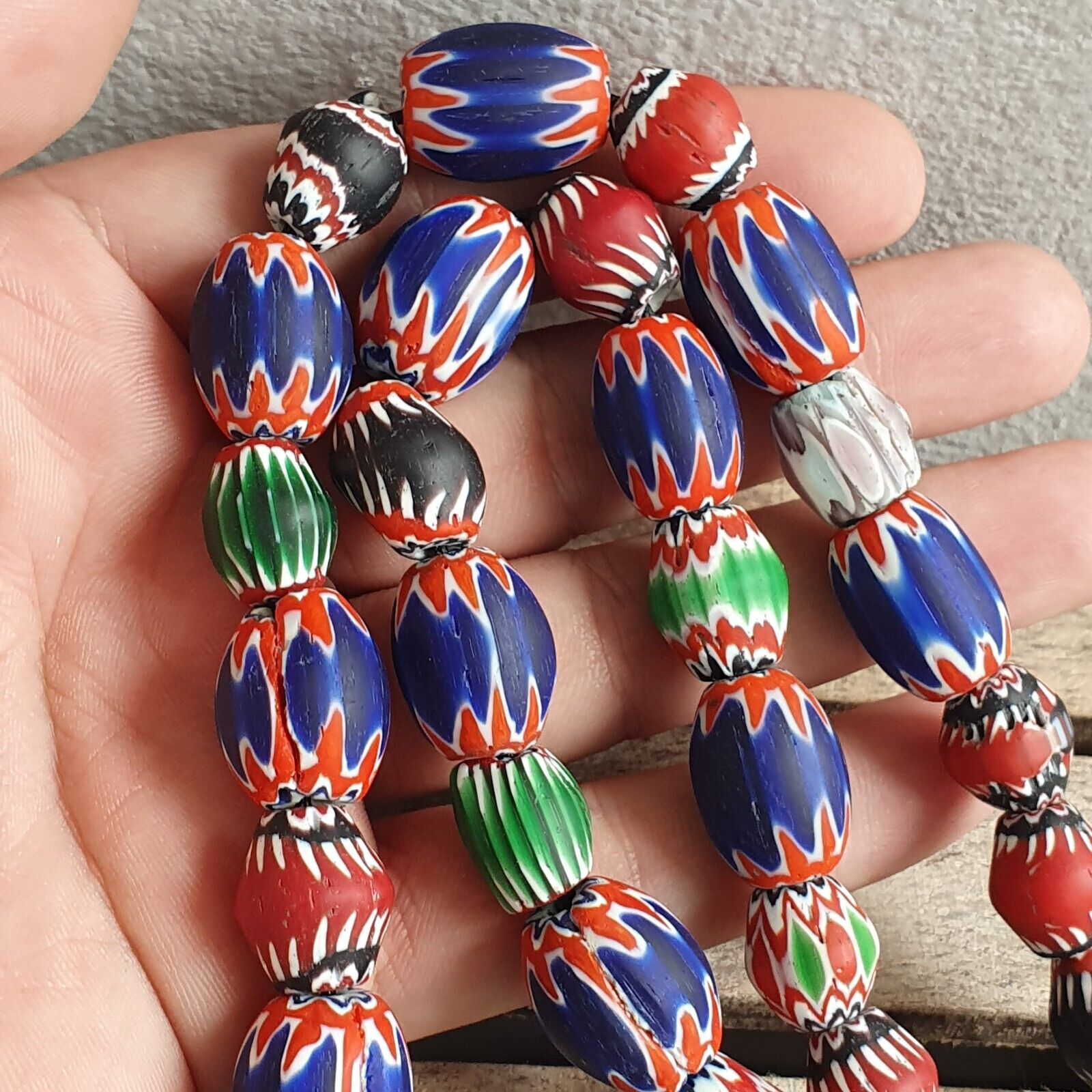 Antique Venetian inspired Trade Multi color Chevron Beads Long Strand