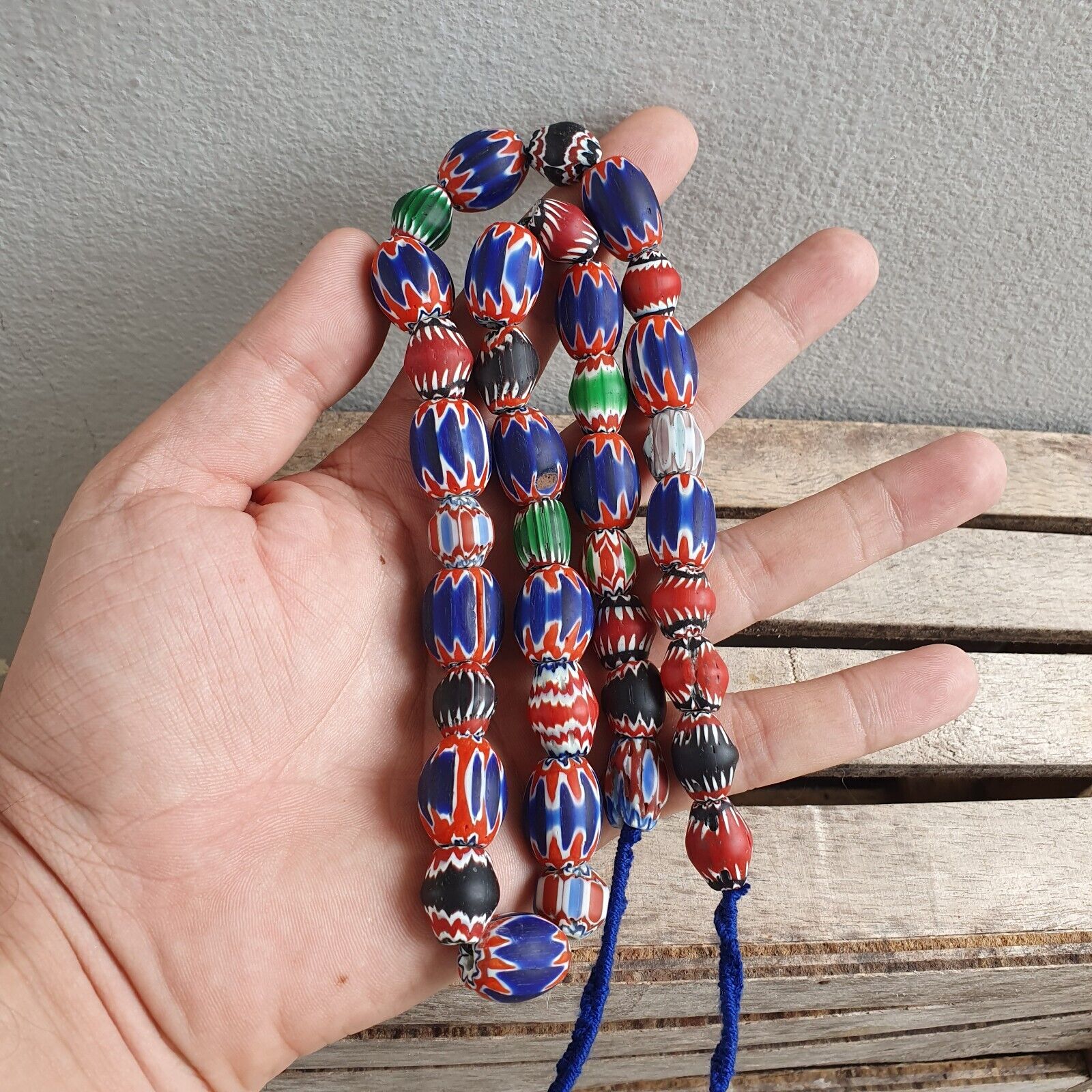 Antique Venetian inspired Trade Multi color Chevron Beads Long Strand
