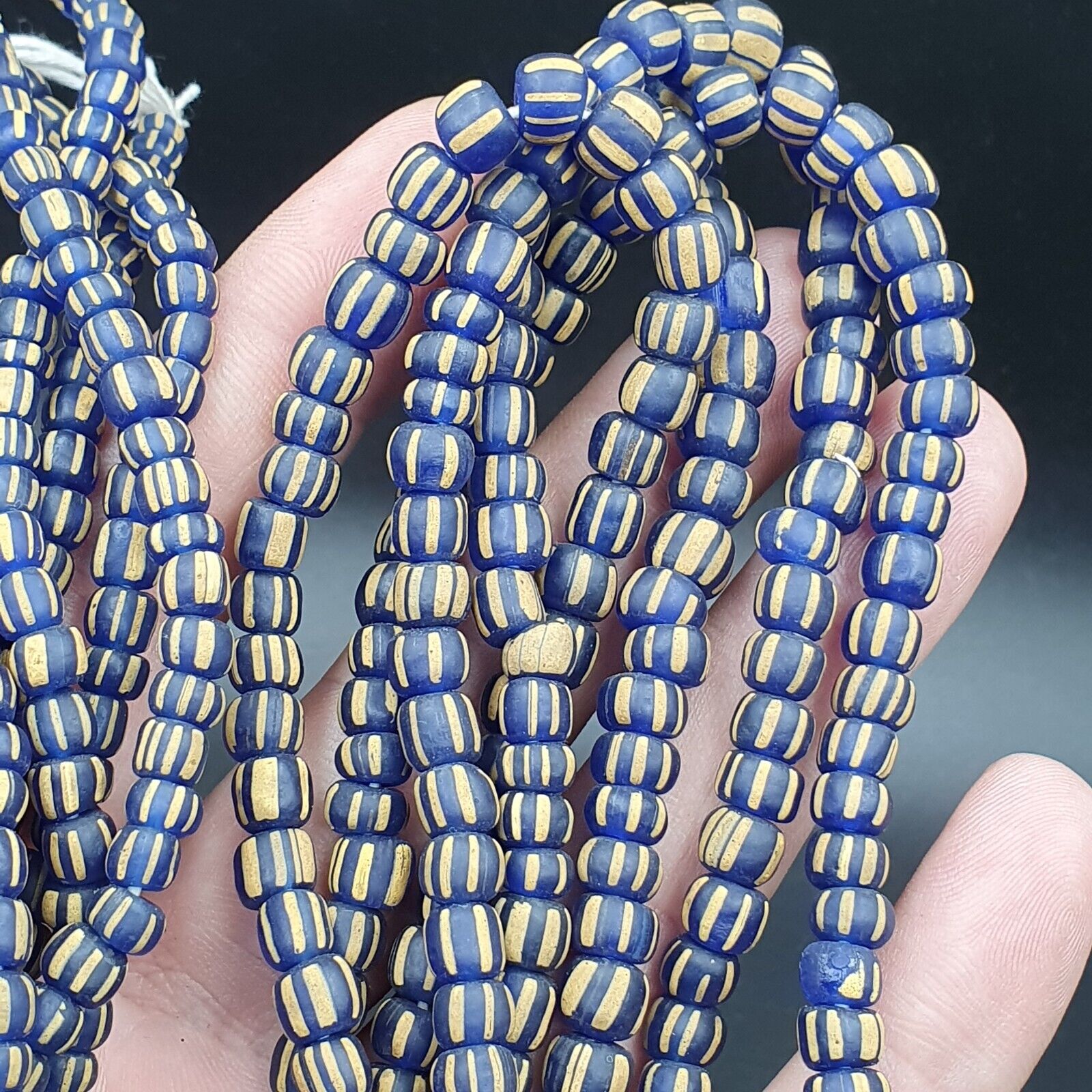Lot 2 Strands OLD AFRICAN Blue White Stripes GLASS BEADS Vintage Strands