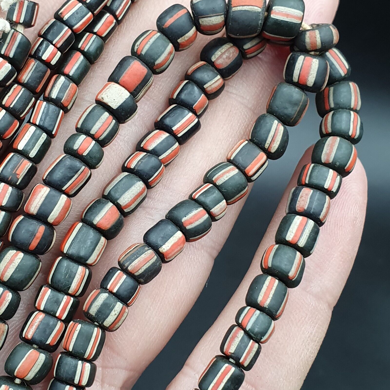 Lot 2 Strands OLD AFRICAN Black Red White Stripes GLASS BEADS Vintage Strands
