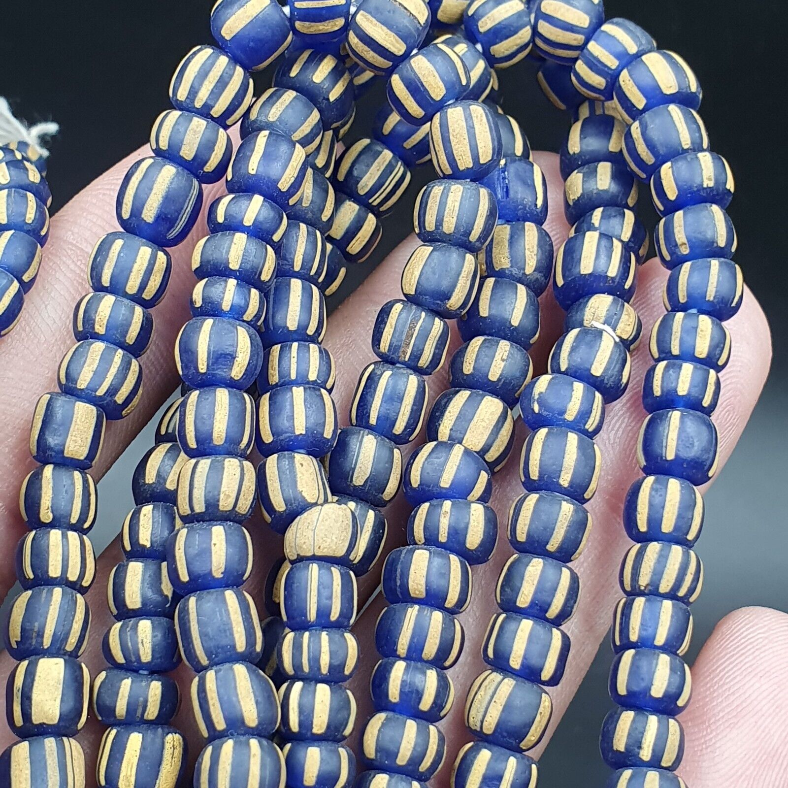Lot 2 Strands OLD AFRICAN Blue White Stripes GLASS BEADS Vintage Strands