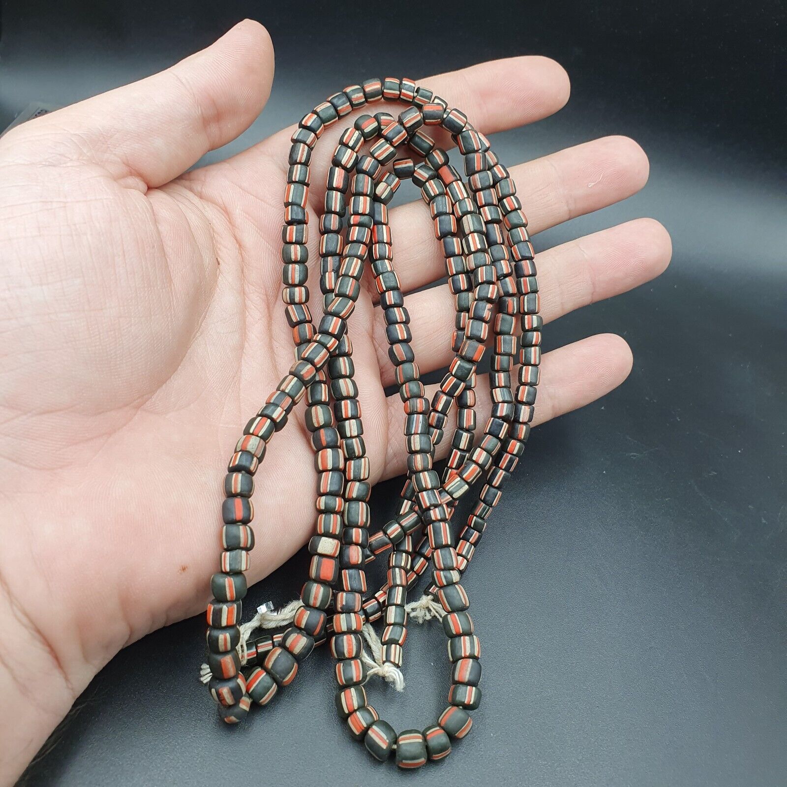 Lot 2 Strands OLD AFRICAN Black Red White Stripes GLASS BEADS Vintage Strands
