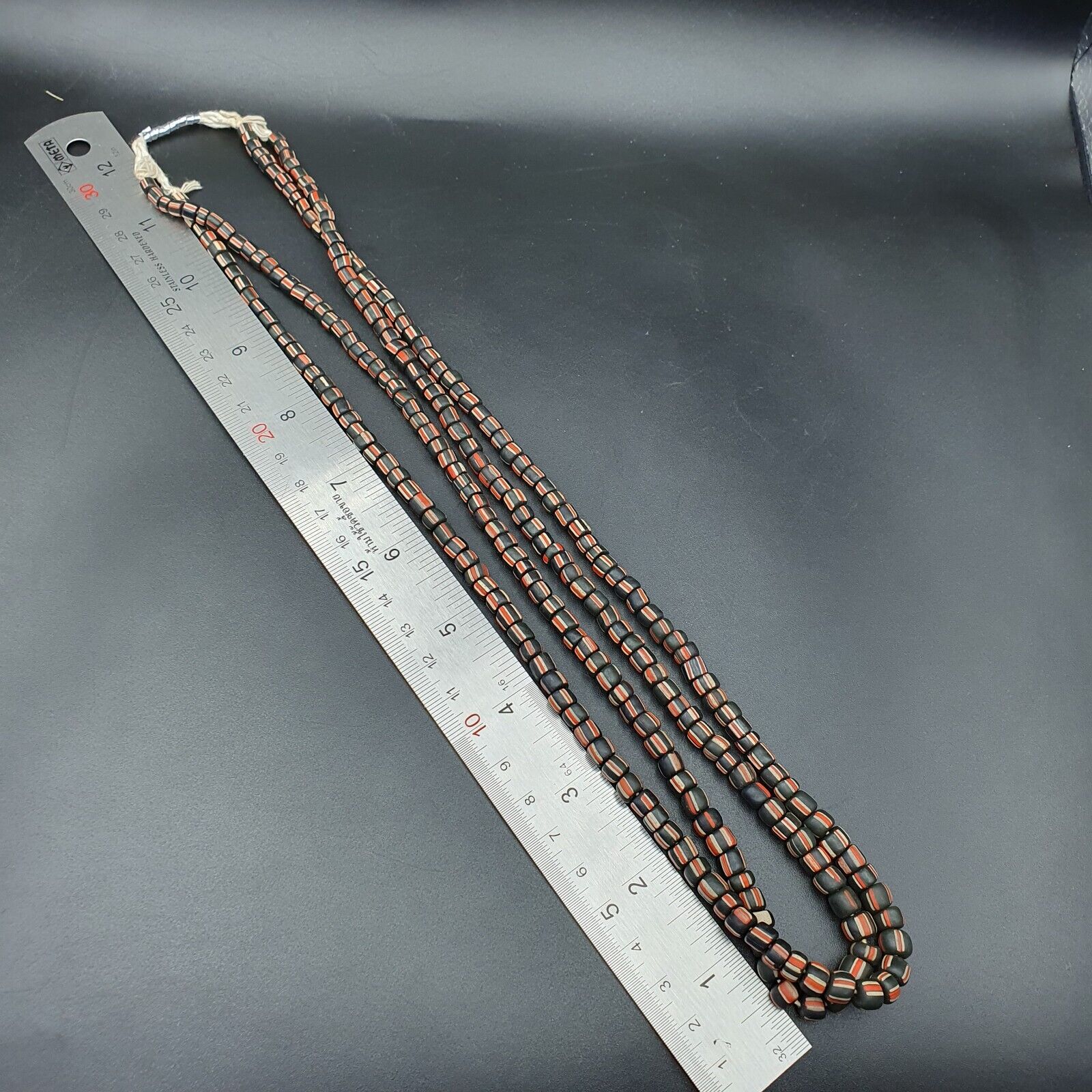 Lot 2 Strands OLD AFRICAN Black Red White Stripes GLASS BEADS Vintage Strands