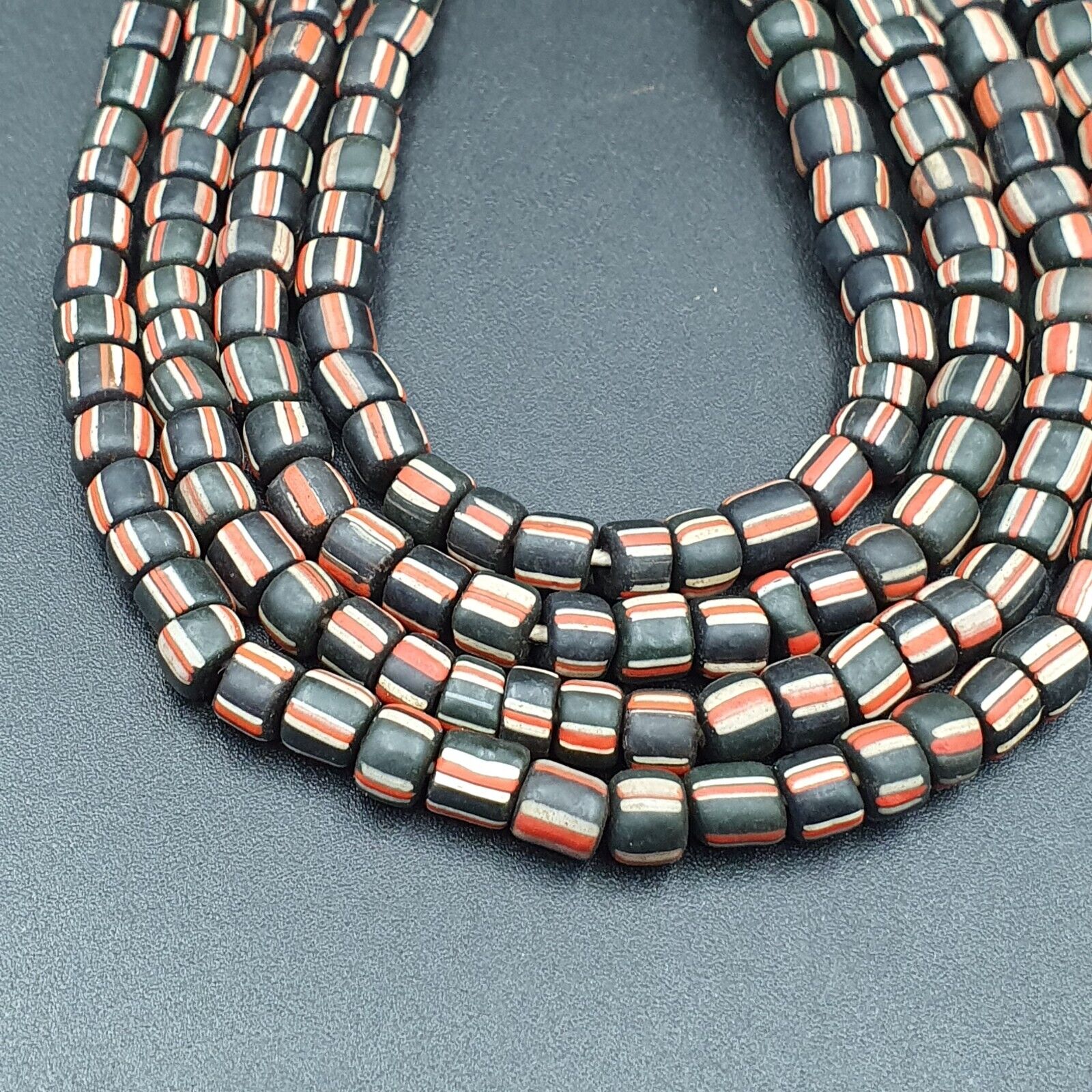 Lot 2 Strands OLD AFRICAN Black Red White Stripes GLASS BEADS Vintage Strands