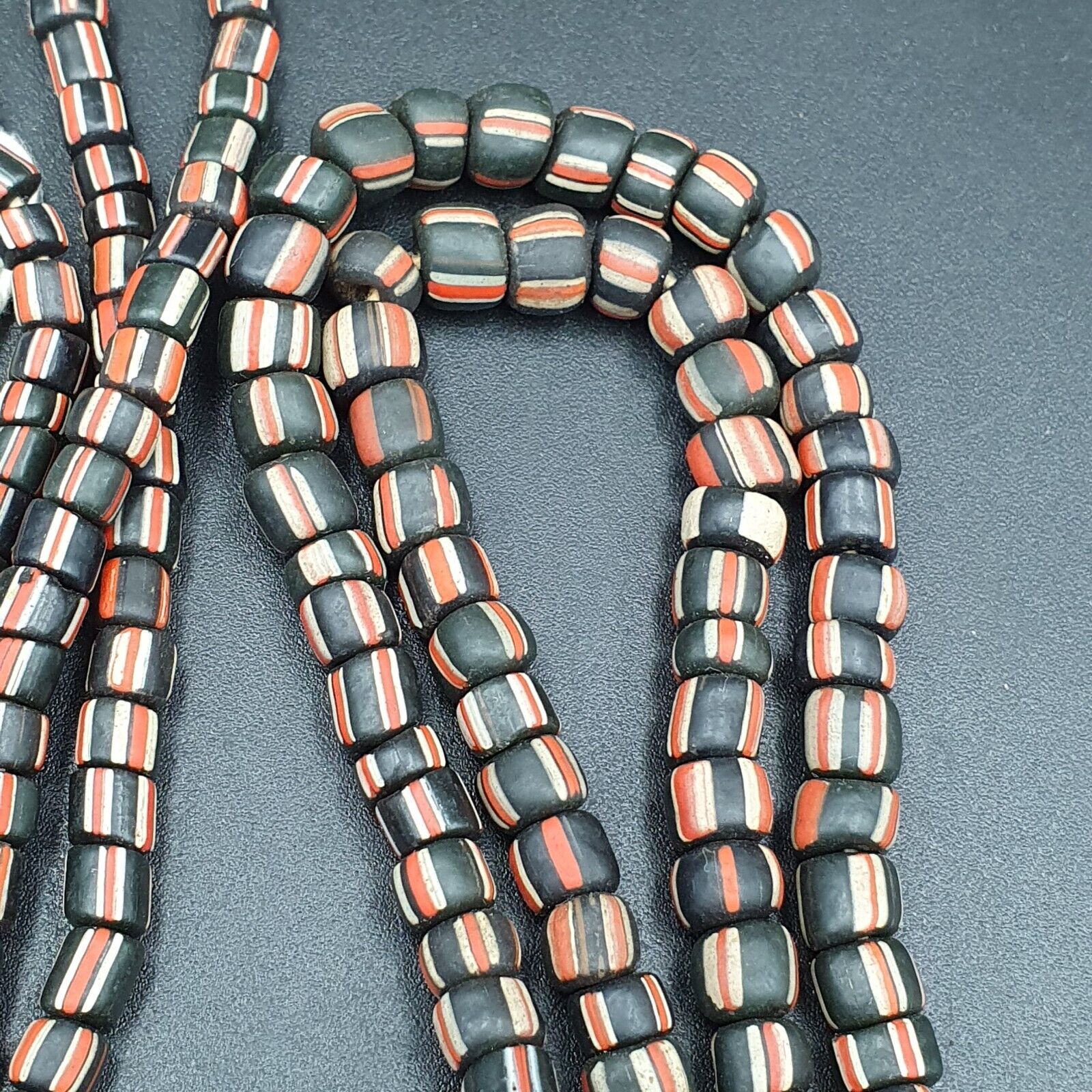 Lot 2 Strands OLD AFRICAN Black Red White Stripes GLASS BEADS Vintage Strands