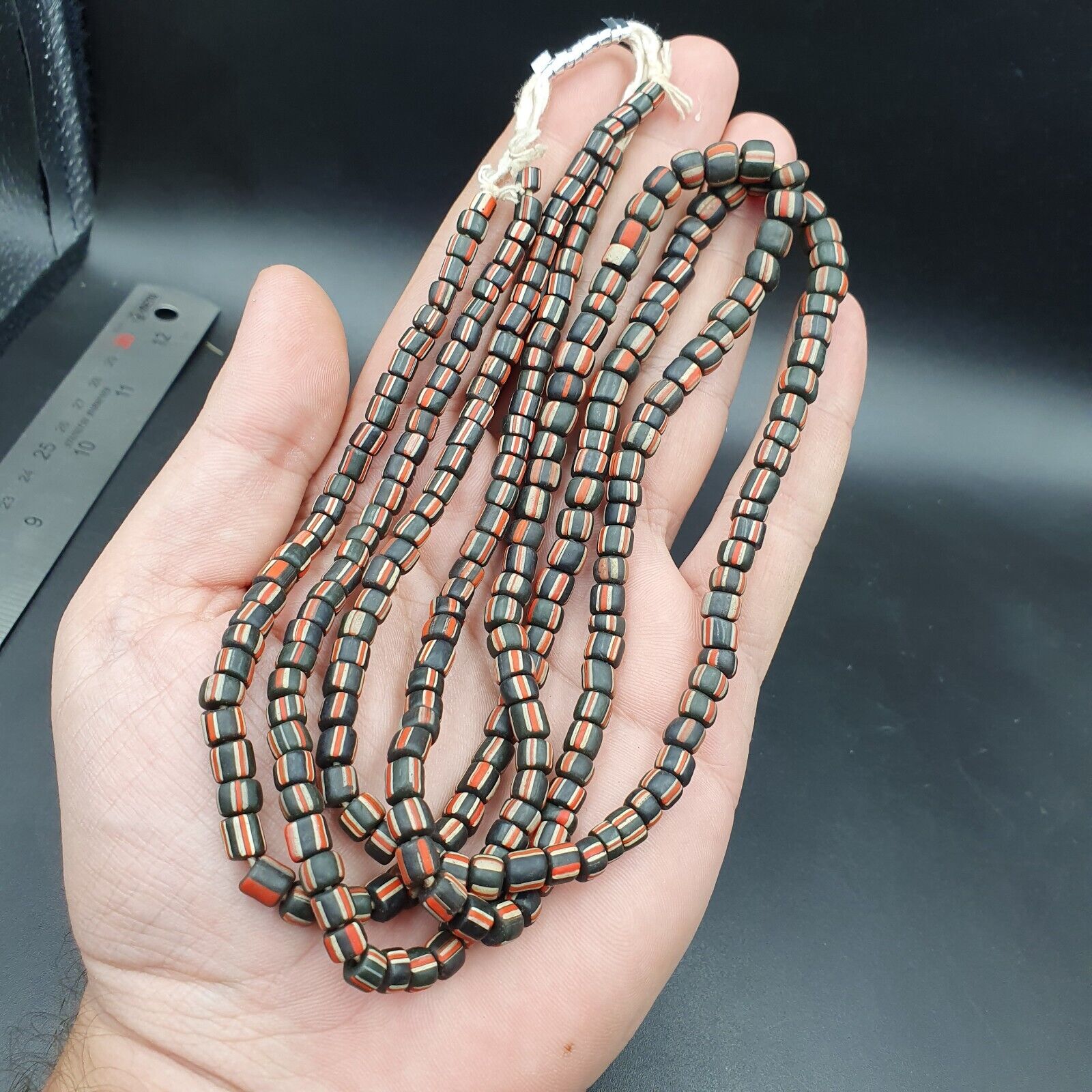 Lot 2 Strands OLD AFRICAN Black Red White Stripes GLASS BEADS Vintage Strands