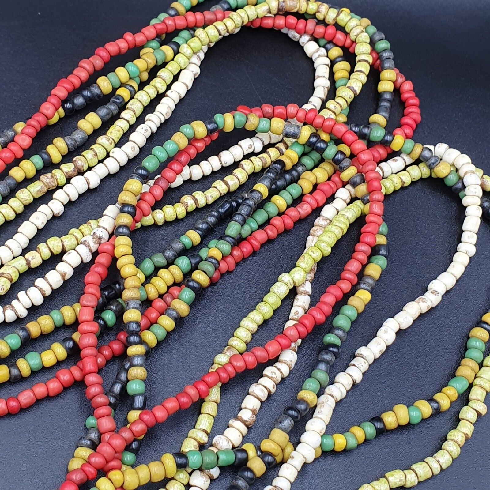 Lot 5 Strands OLD AFRICAN Black Red White green GLASS BEADS Extra Long Strands