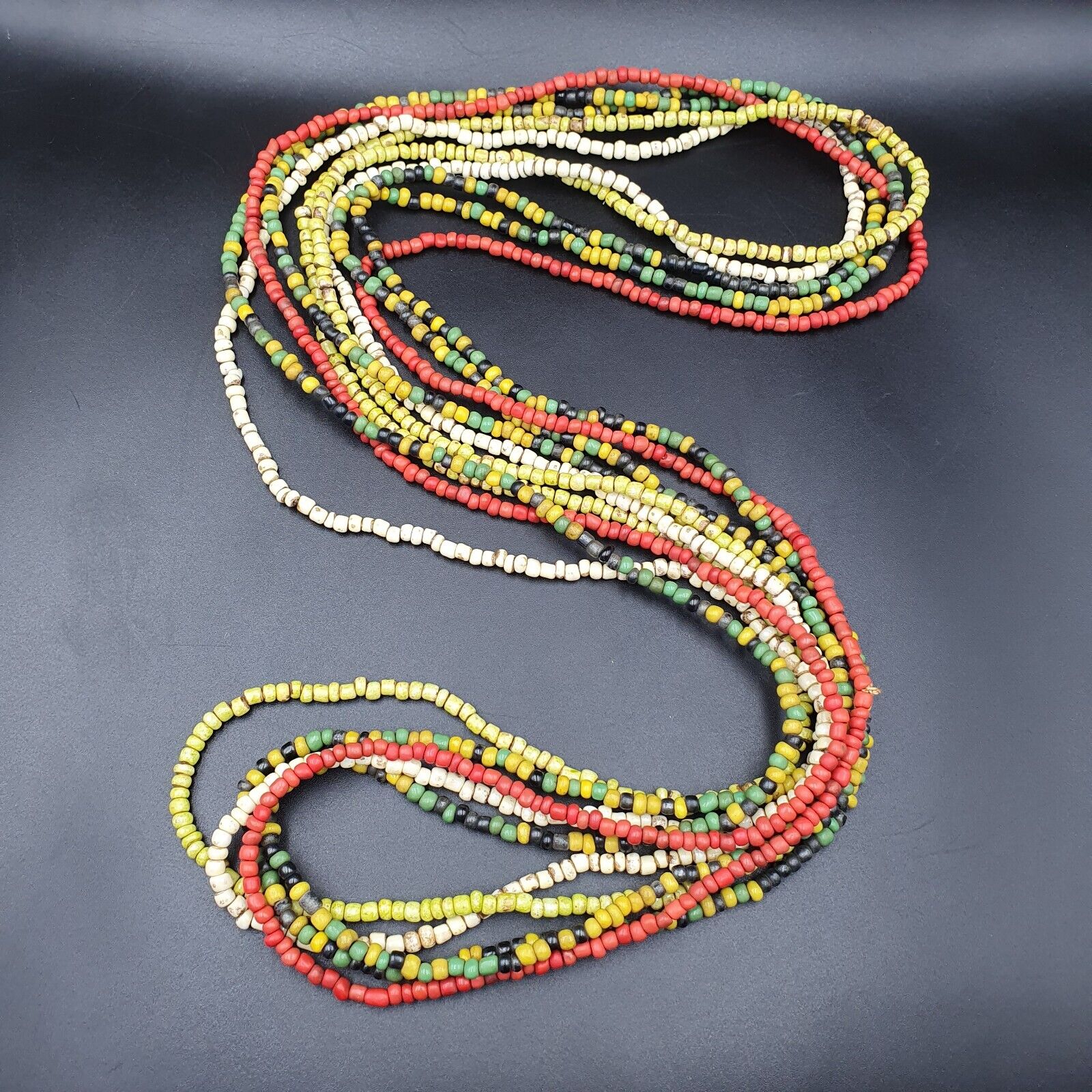 Lot 5 Strands OLD AFRICAN Black Red White green GLASS BEADS Extra Long Strands
