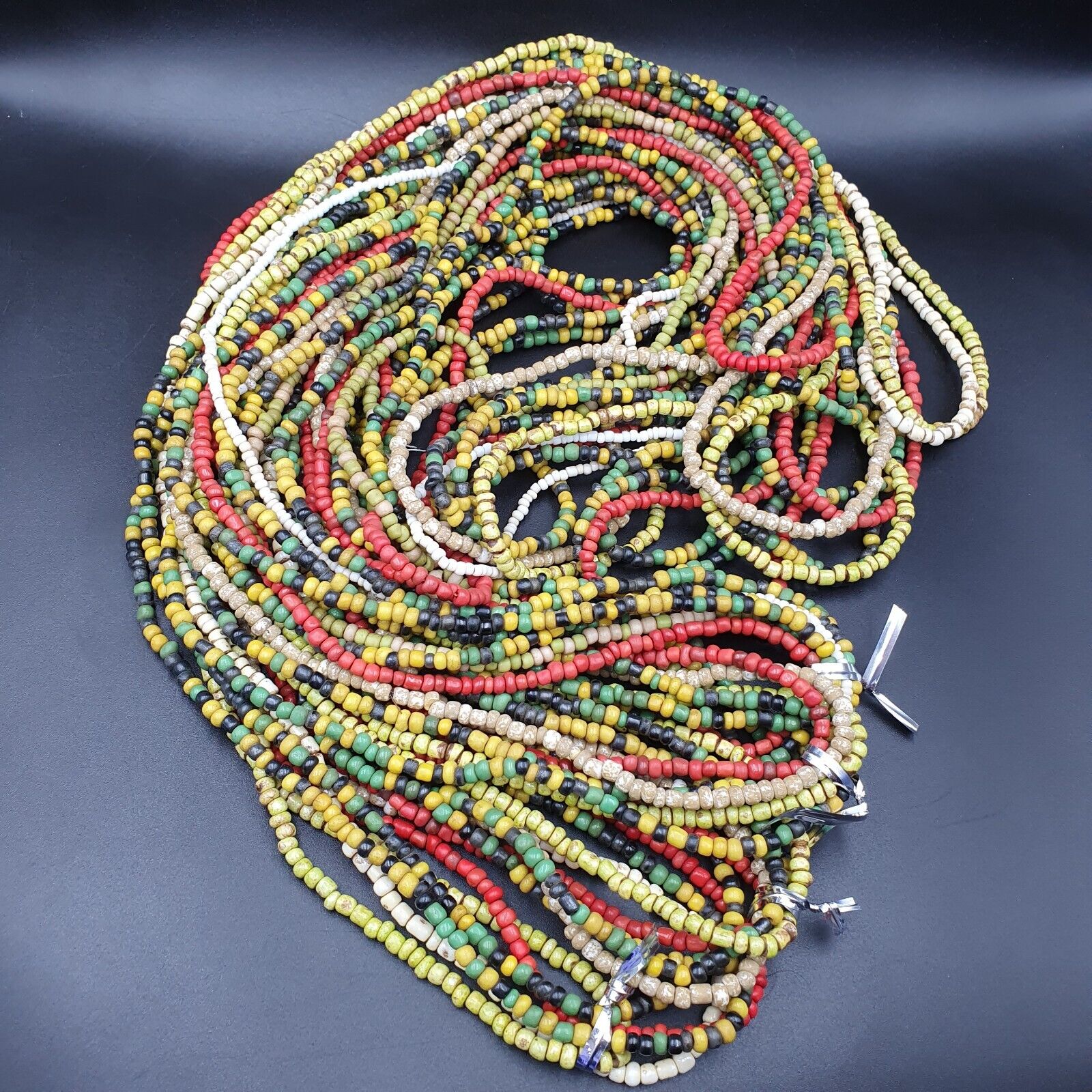 Lot 5 Strands OLD AFRICAN Black Red White green GLASS BEADS Extra Long Strands