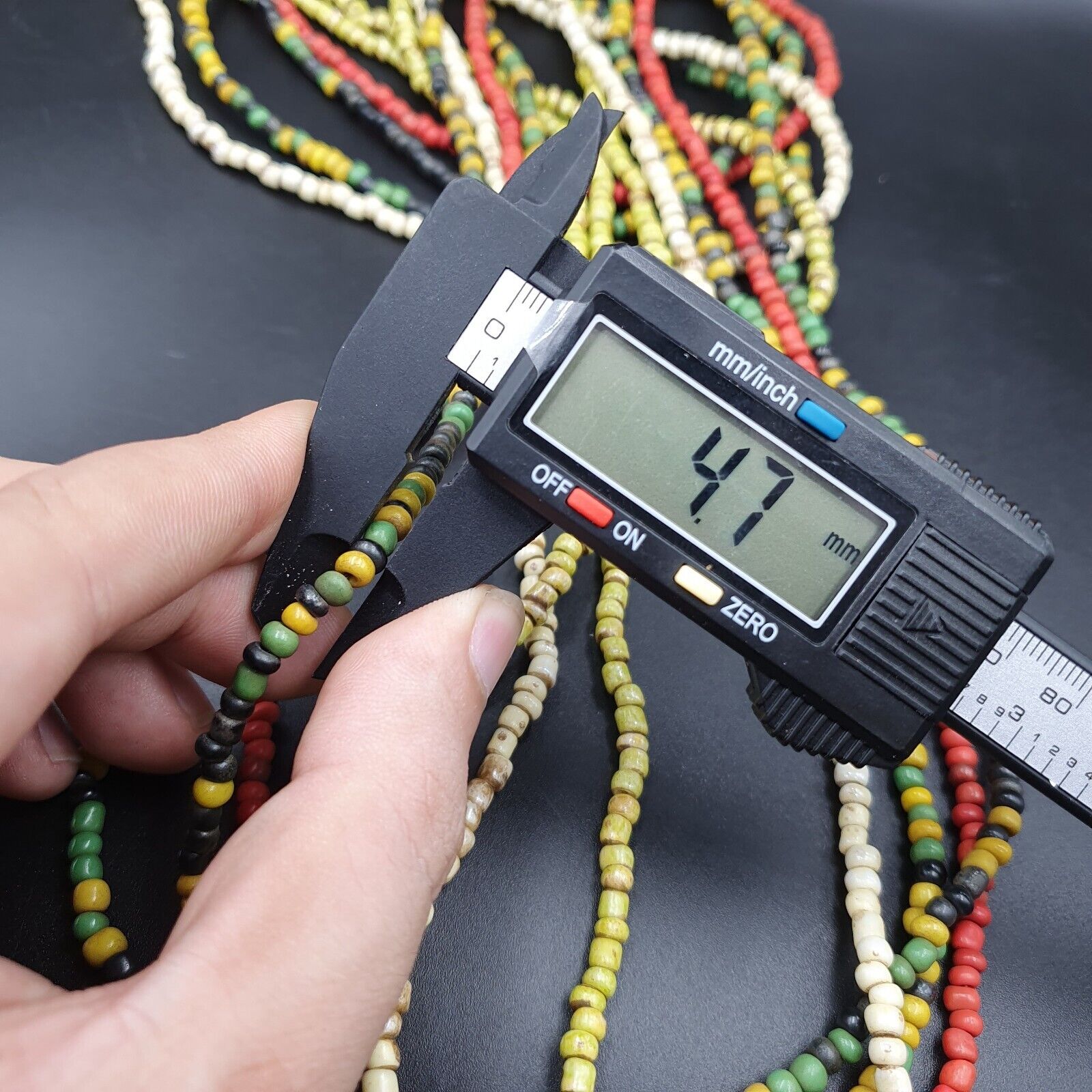 Lot 5 Strands OLD AFRICAN Black Red White green GLASS BEADS Extra Long Strands
