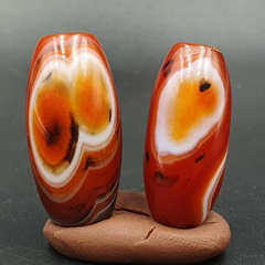 2 Red Agate Beads Vintage Himalayan Indo Tibetan Very Rare Patterns Amulet Beads