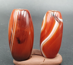 2 Red Agate Beads Vintage Himalayan Indo Tibetan Very Rare Patterns Amulet Beads