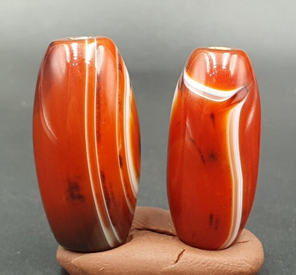2 Red Agate Beads Vintage Himalayan Indo Tibetan Very Rare Patterns Amulet Beads