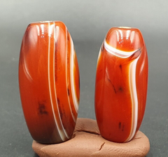 2 Red Agate Beads Vintage Himalayan Indo Tibetan Very Rare Patterns Amulet Beads